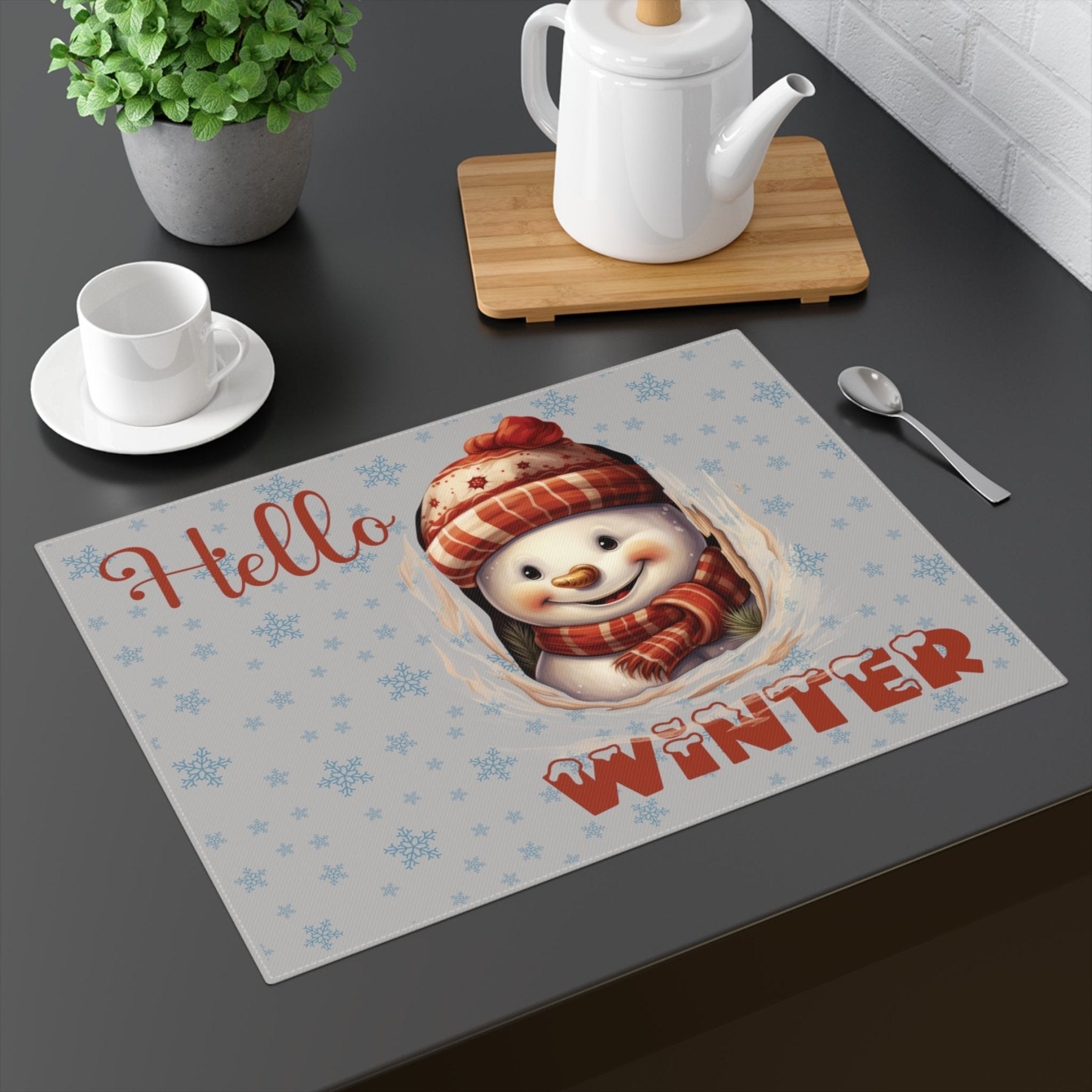 Light Gray Placemat 1pc Snowflakes Snowman with text Hello Winter Mockup | Janlyn's Crafts