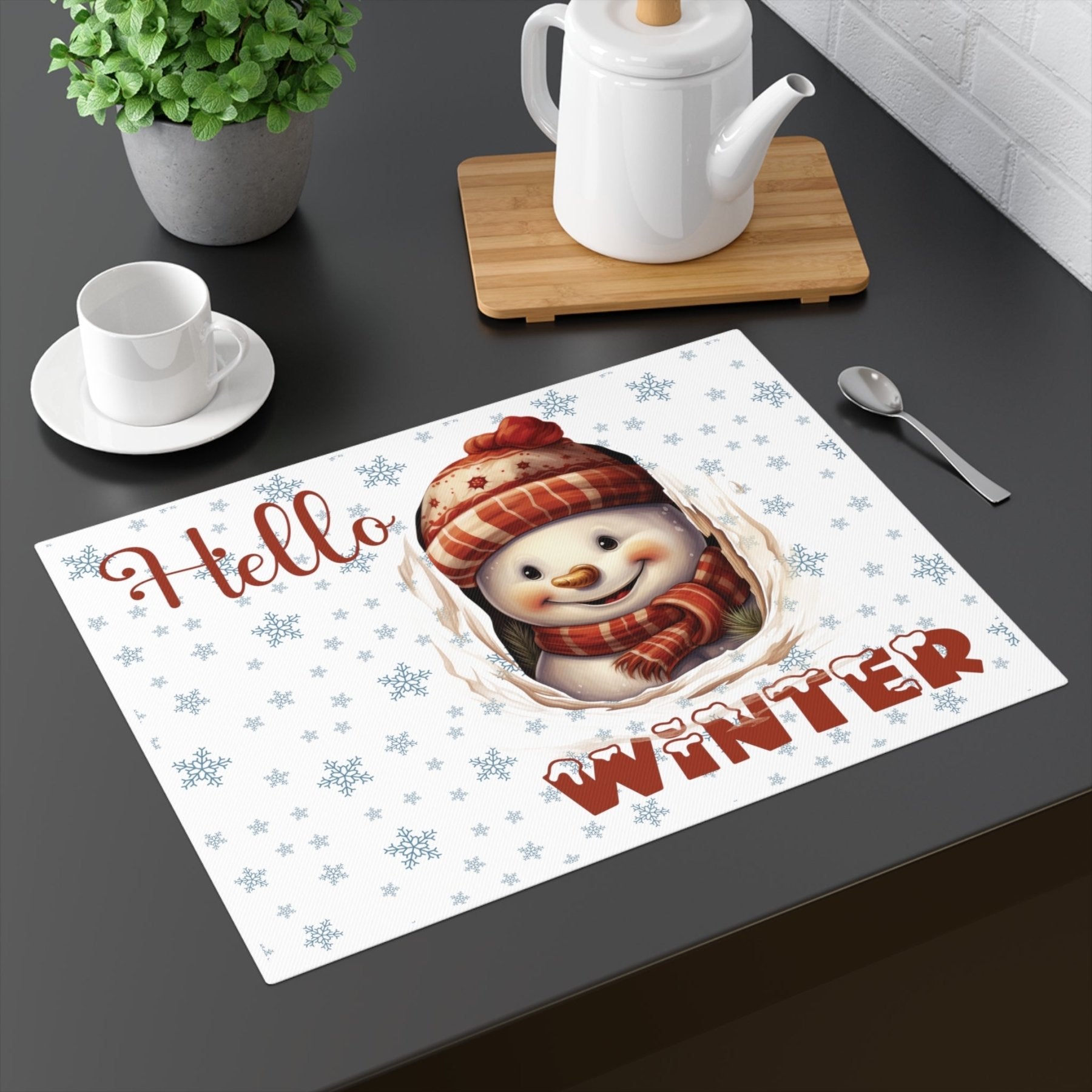 White Placemat 1pc Snowflakes Snowman with text Hello Winter Mockup | Janlyn's Crafts