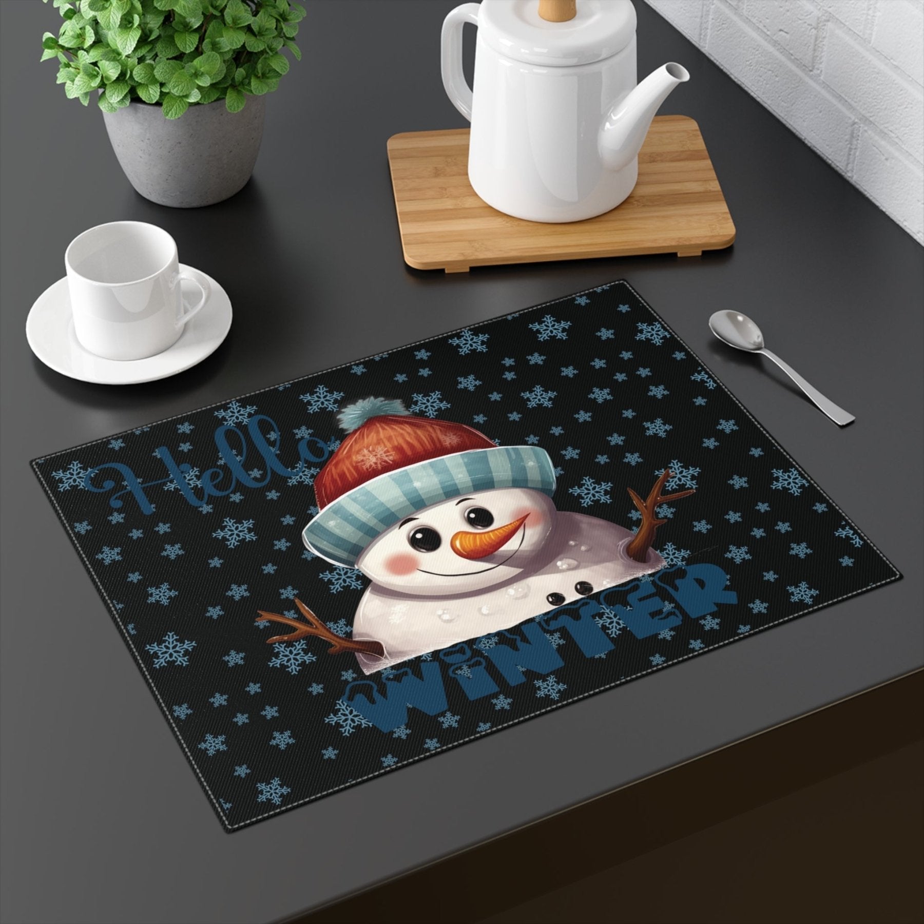 Black Placemat 1pc Snowflakes Snowman with text Hello Winter Mockup | Janlyn's Crafts