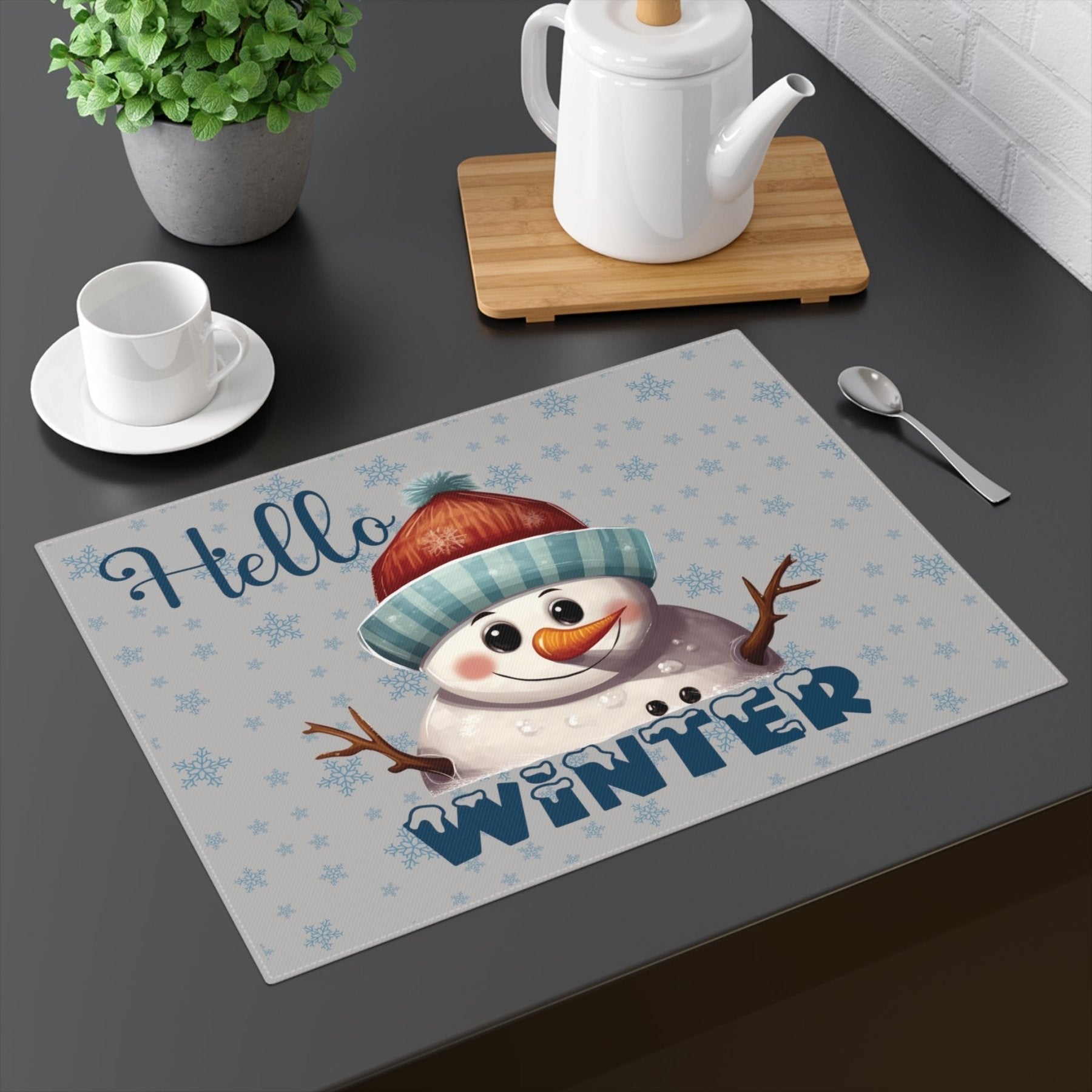 Light Gray Placemat 1pc Snowflakes Snowman with text Hello Winter Mockup | Janlyn's Crafts