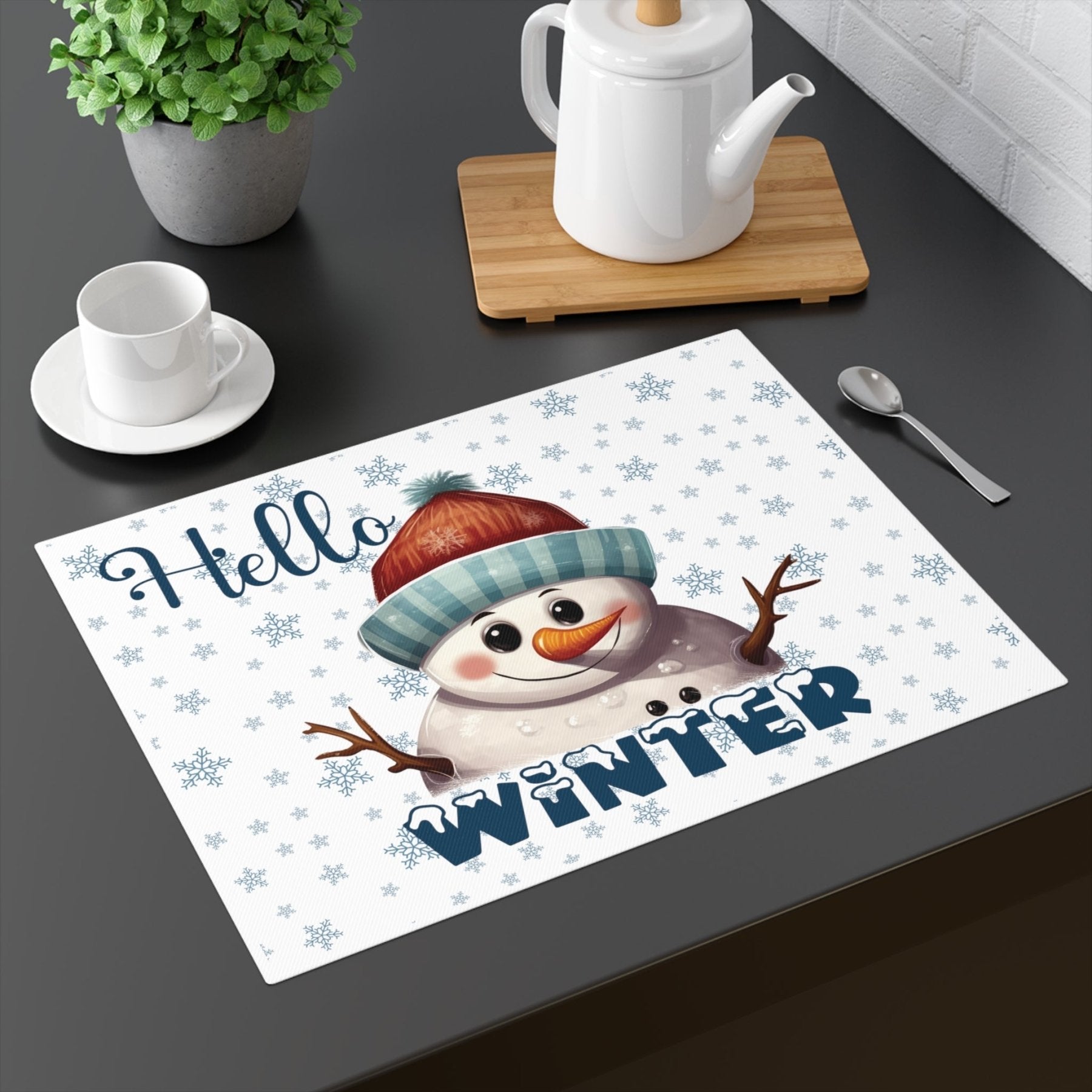 White Placemat 1pc Snowflakes Snowman with text Hello Winter Mockup | Janlyn's Crafts