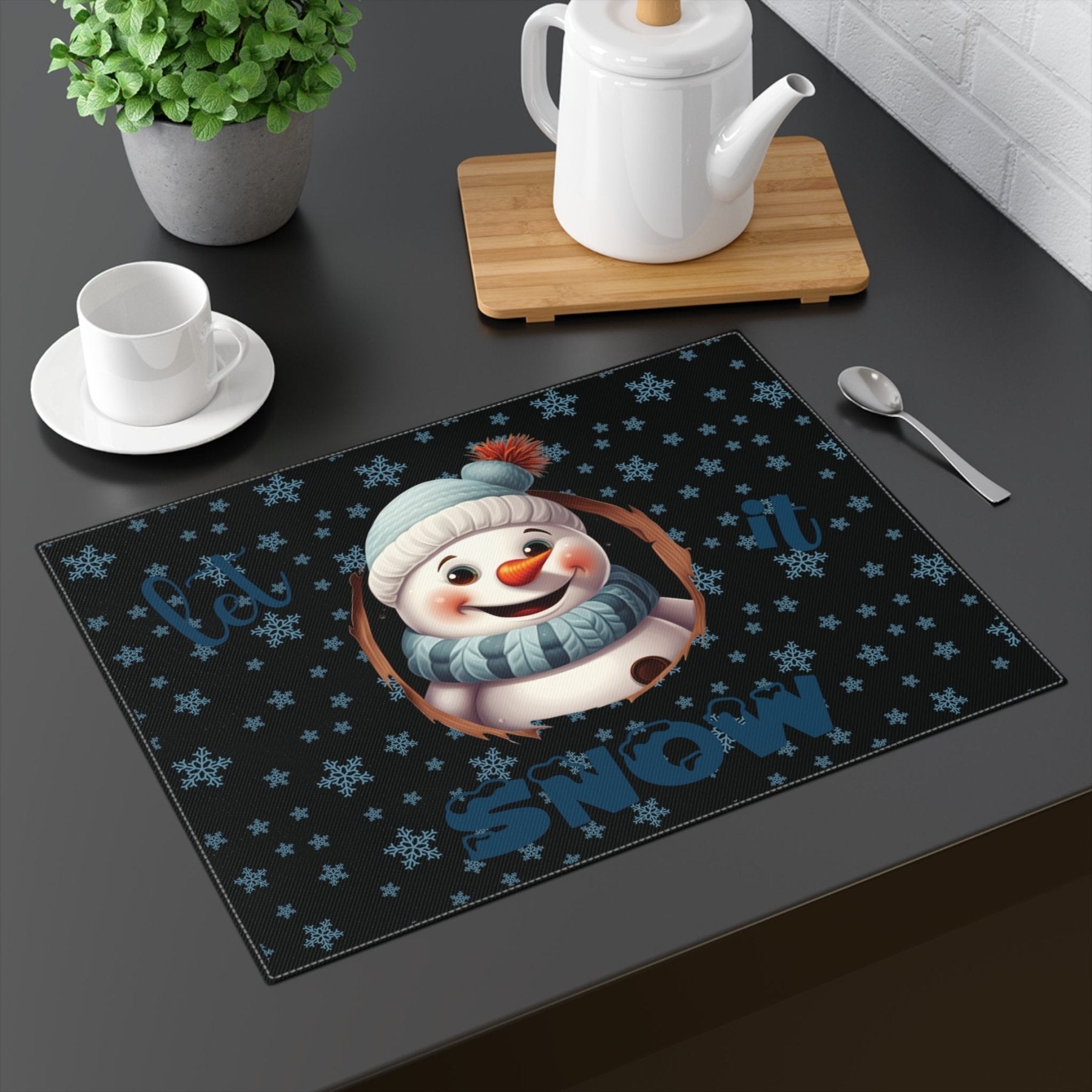 Black Placemat 1pc Snowflakes Snowman with text Let it Snow Mockup | Janlyn's Crafts