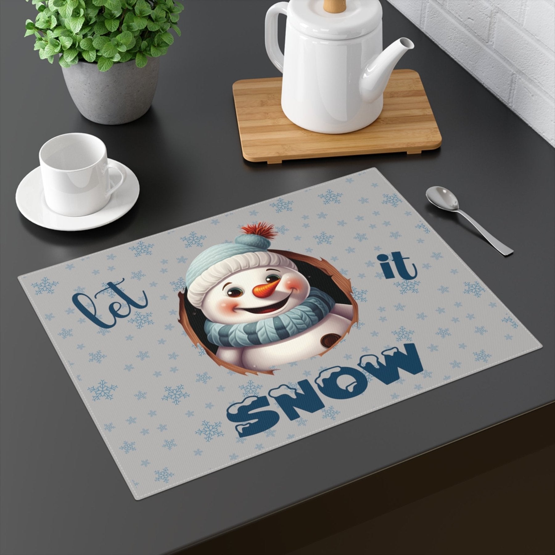 Light Gray Placemat 1pc Snowflakes Snowman with text Let it Snow Mockup | Janlyn's Crafts