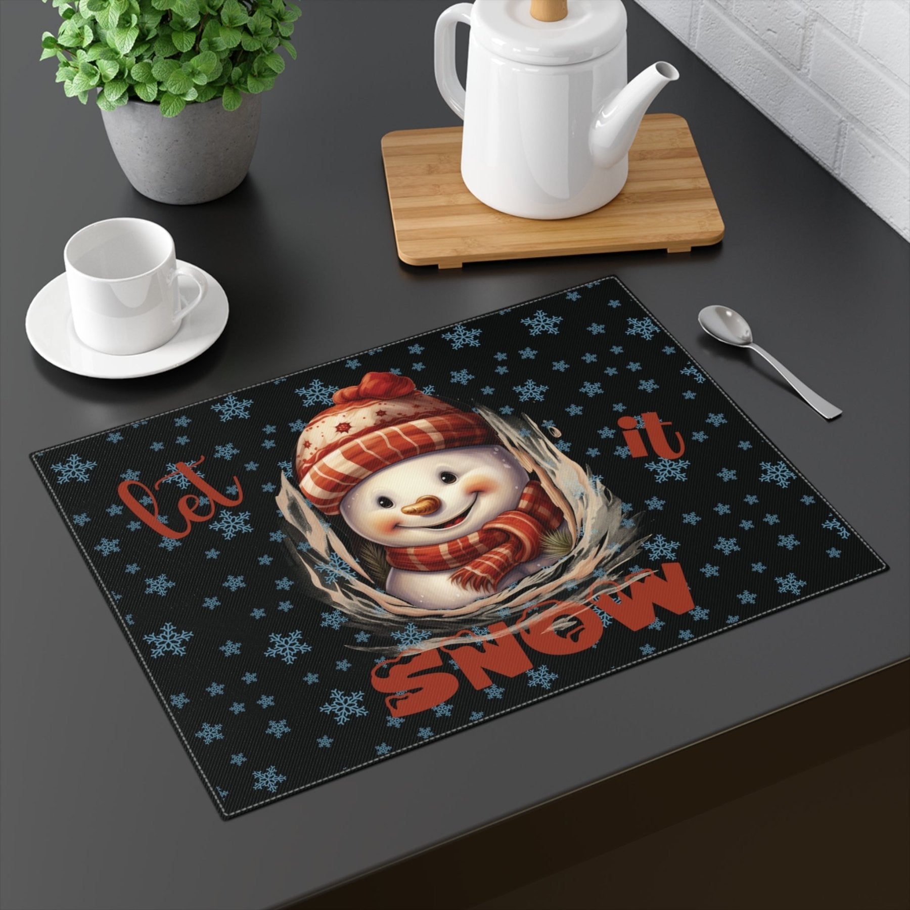 Black Placemat 1pc Snowflakes Snowman with text Let it Snow Mockup | Janlyn's Crafts