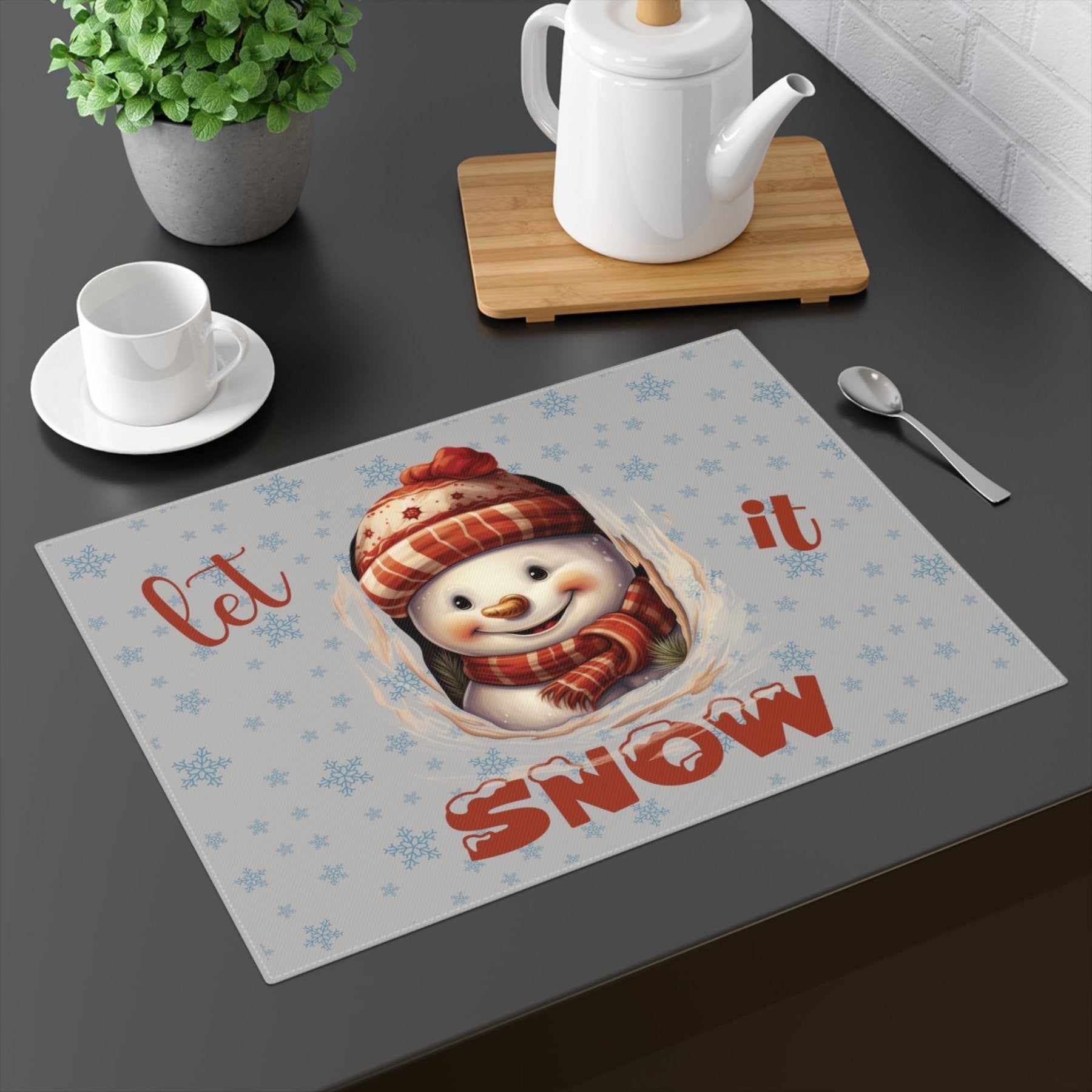 Light Gray Placemat 1pc Snowflakes Snowman with text Let it Snow Mockup | Janlyn's Crafts