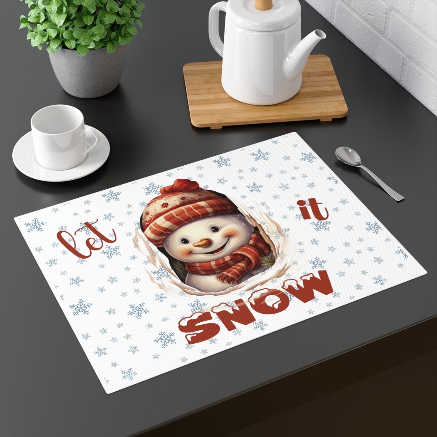 White Placemat 1pc Snowflakes Snowman with text Let it Snow Mockup | Janlyn's Crafts