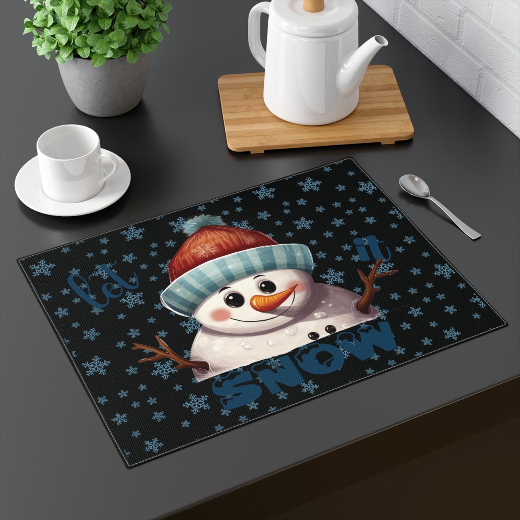 Black Placemat 1pc Snowflakes Snowman with text Let it Snow Mockup | Janlyn's Crafts