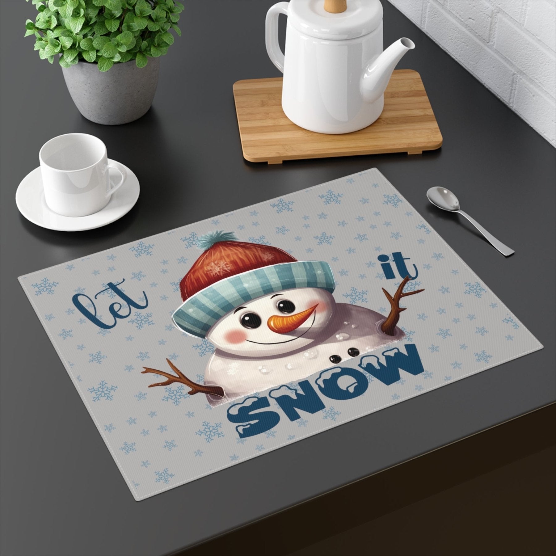 Light Gray Placemat 1pc Snowflakes Snowman with text Let it Snow Mockup | Janlyn's Crafts