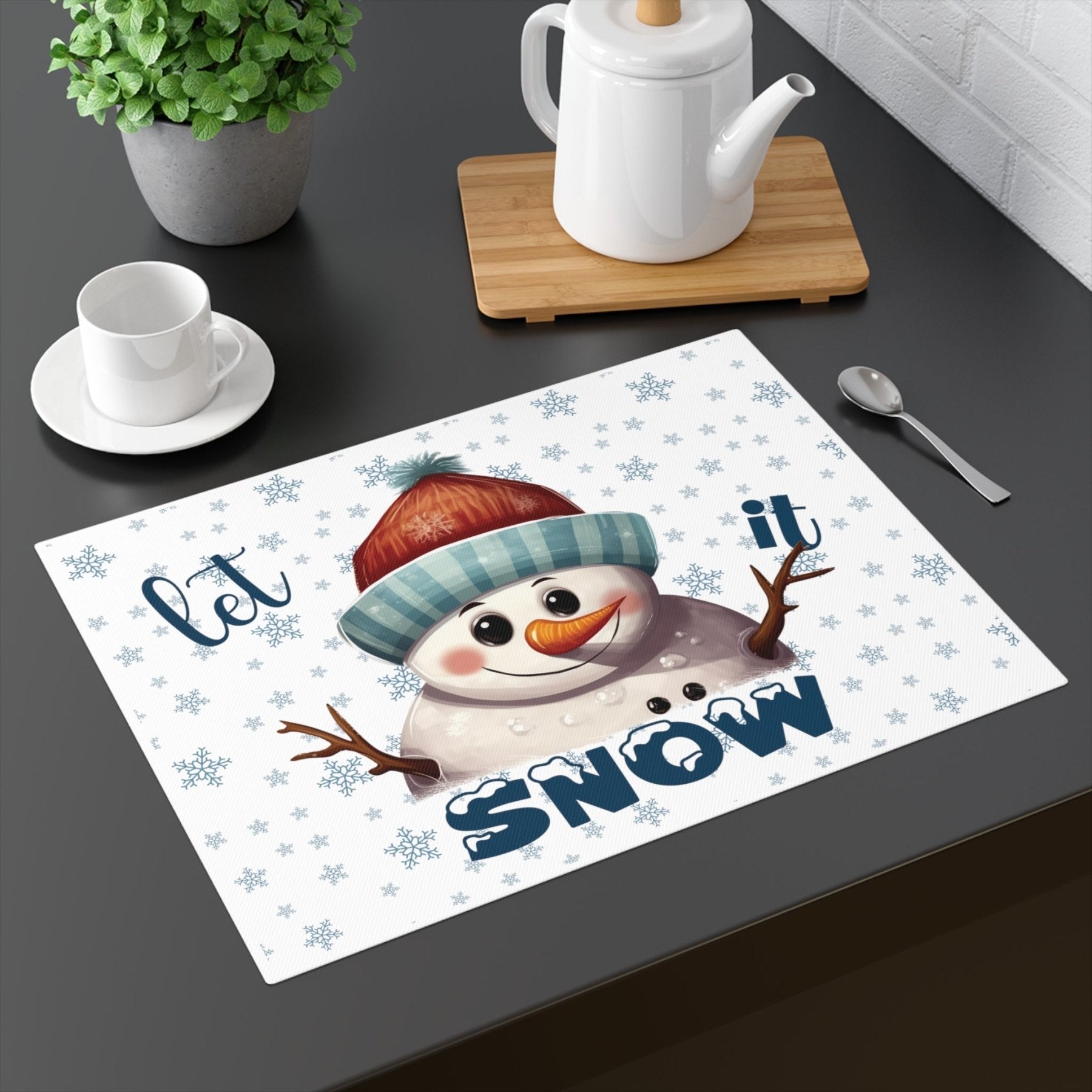 White Placemat 1pc Snowflakes Snowman with text Let it Snow Mockup | Janlyn's Crafts