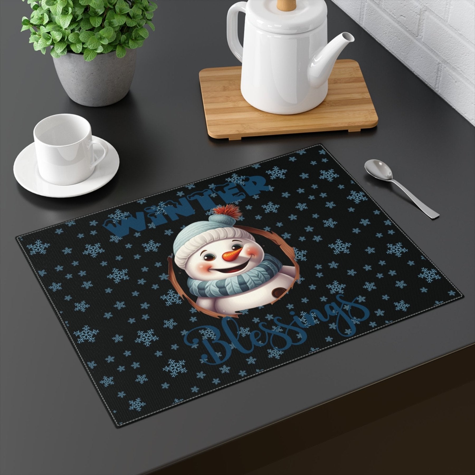 Black Placemat 1pc Snowflakes Snowman with text Winter Blessings Mockup | Janlyn's Crafts