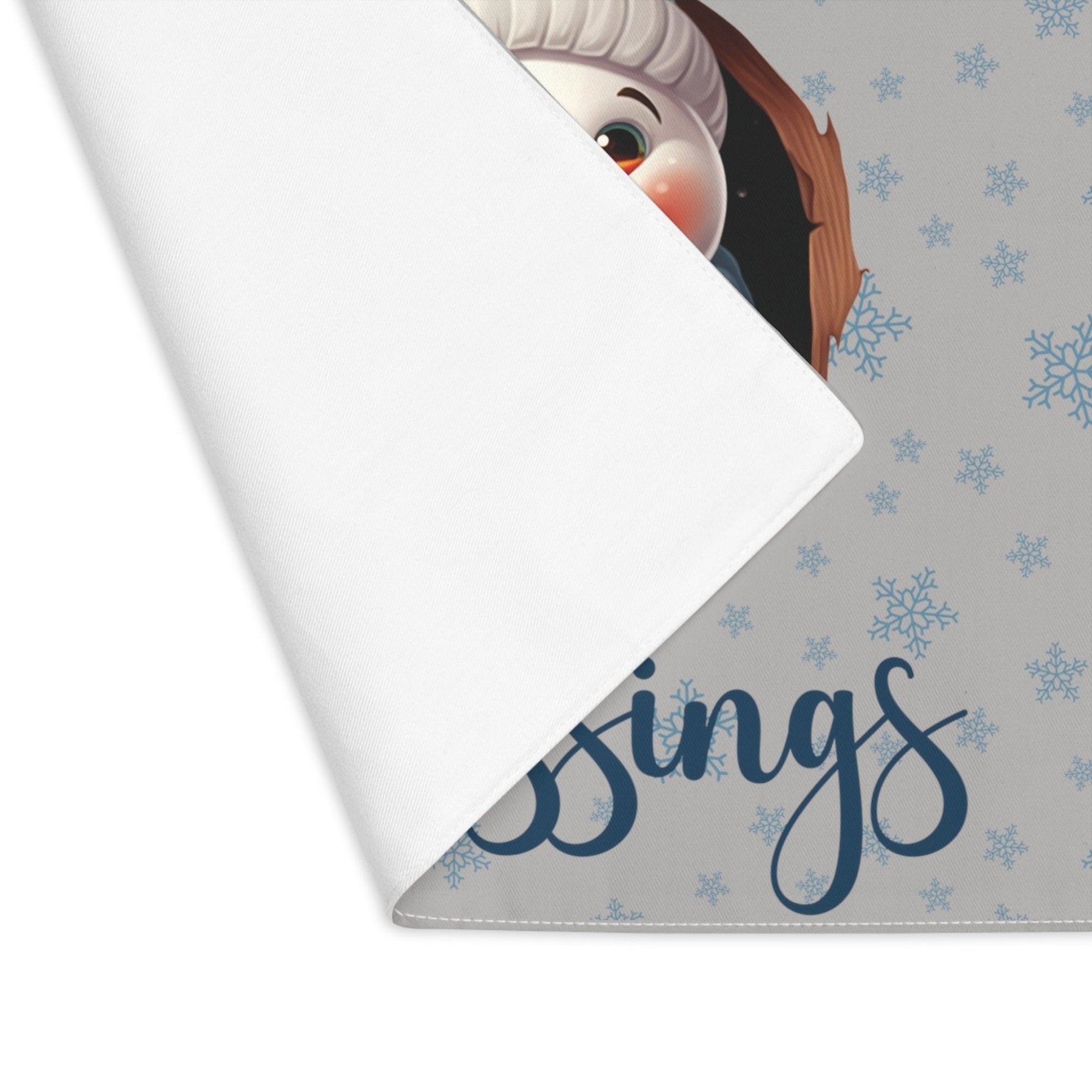 Light Gray Placemat 1pc Snowflakes Snowman with text Winter Blessings Closeup | Janlyn's Crafts