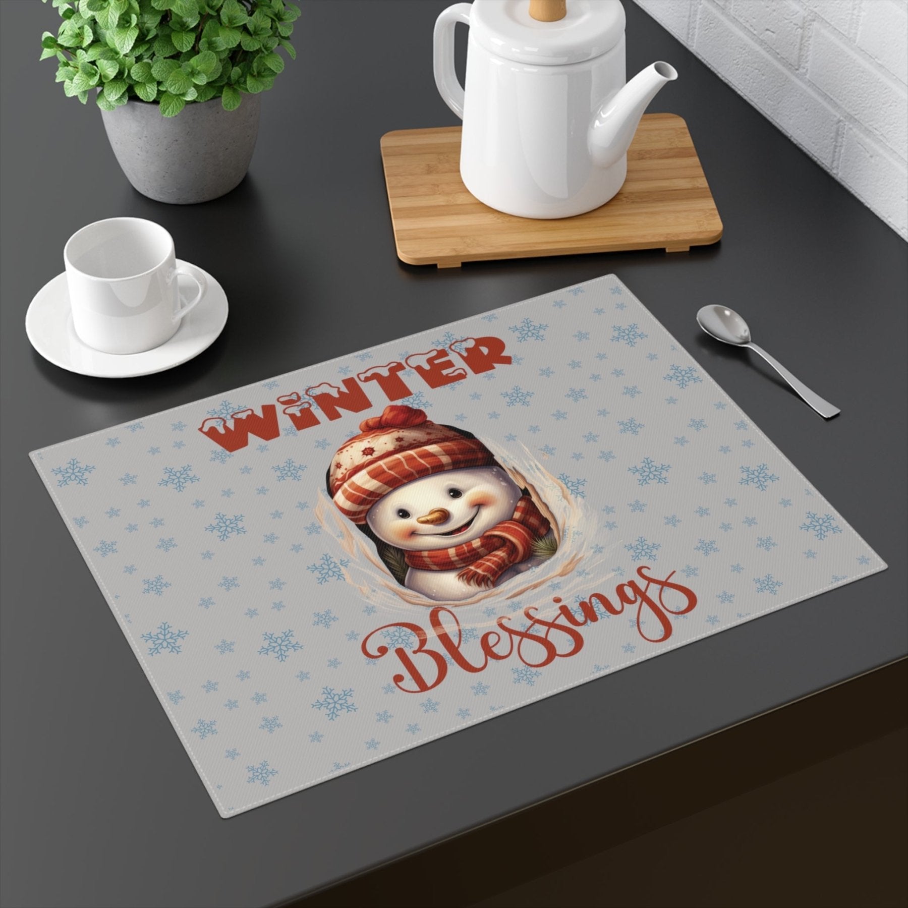 Light Gray Placemat 1pc Snowflakes Snowman with text Winter Blessings Mockup | Janlyn's Crafts