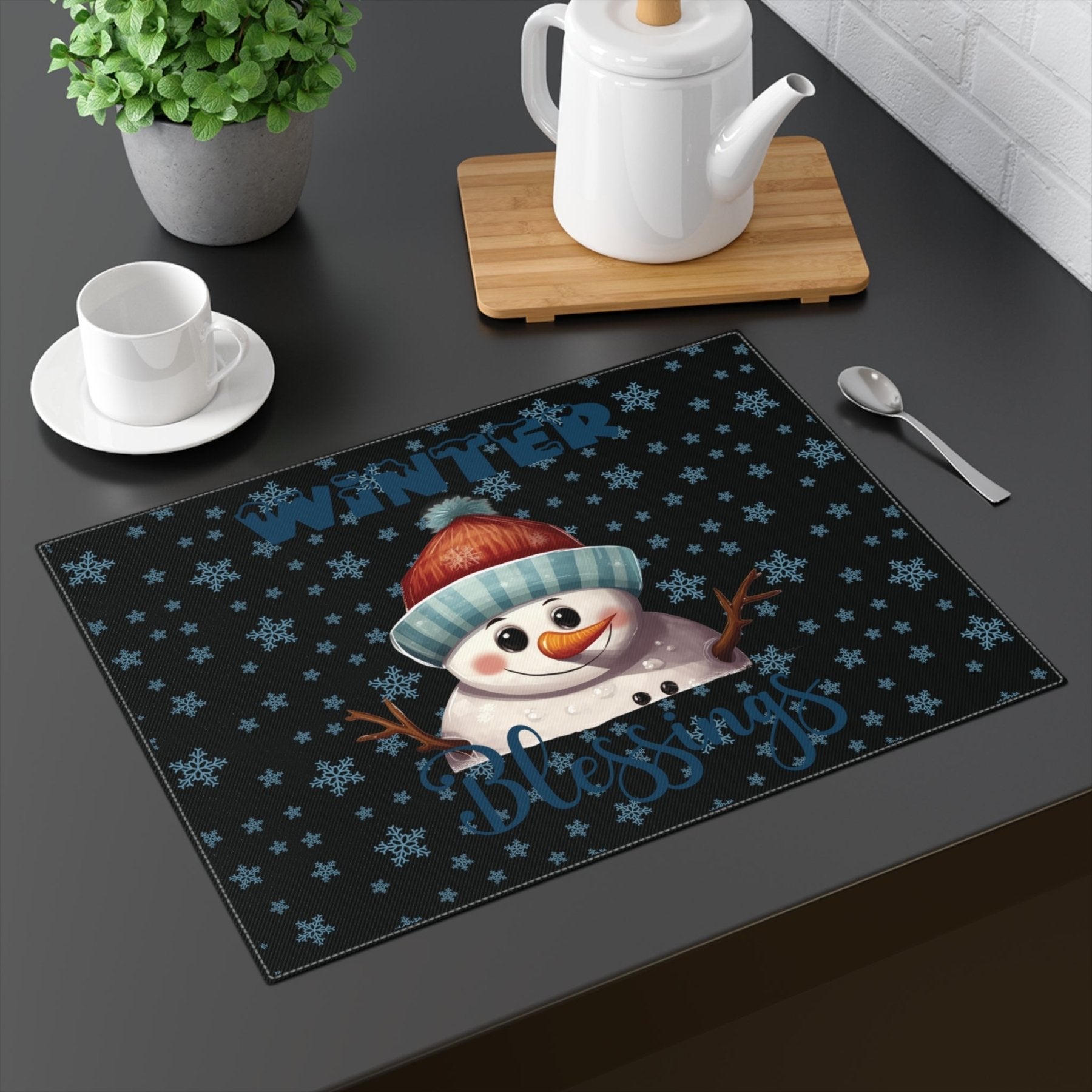 Black Placemat 1pc Snowflakes Snowman with text Winter Blessings Mockup | Janlyn's Crafts