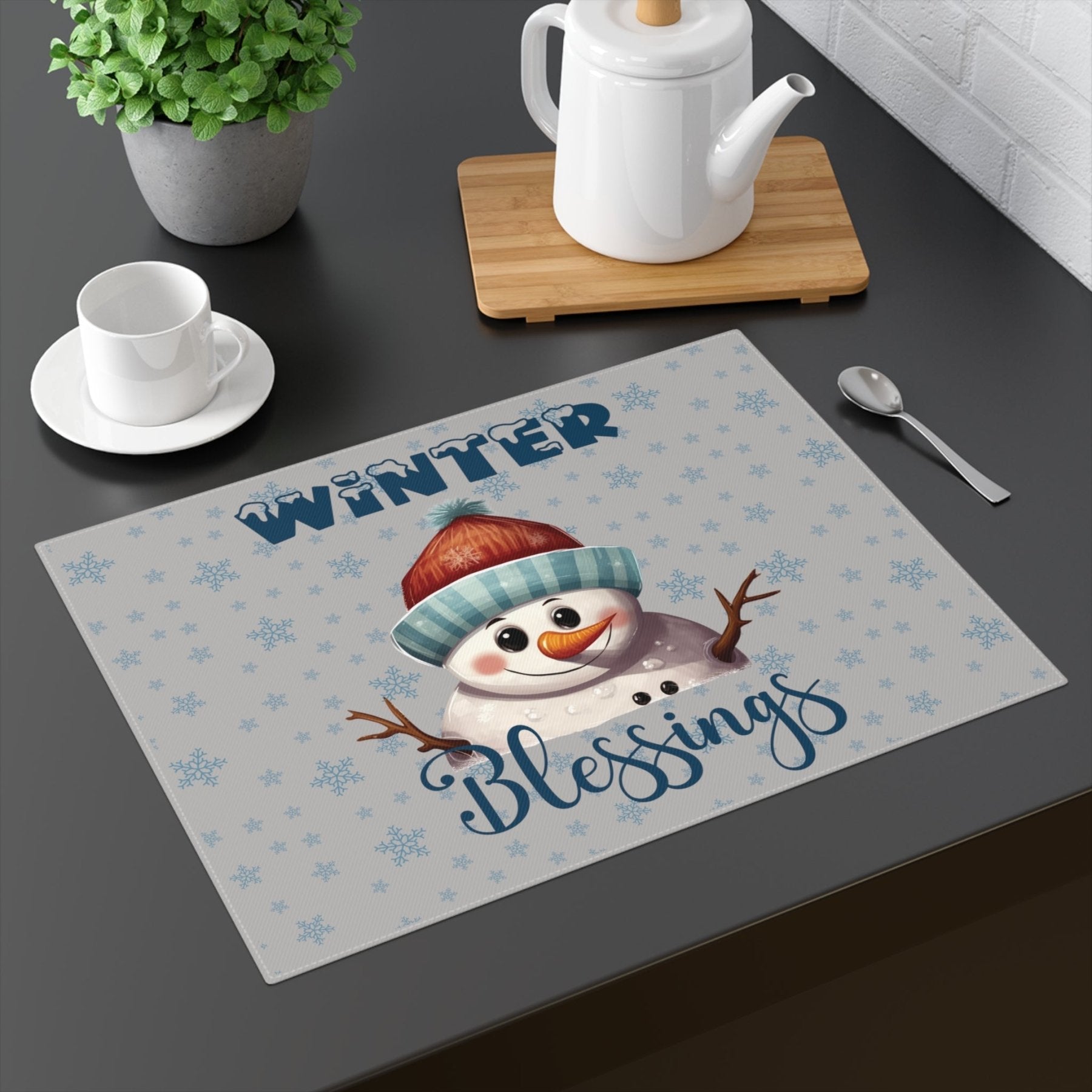 Light Gray Placemat 1pc Snowflakes Snowman with text Winter Blessings Mockup | Janlyn's Crafts