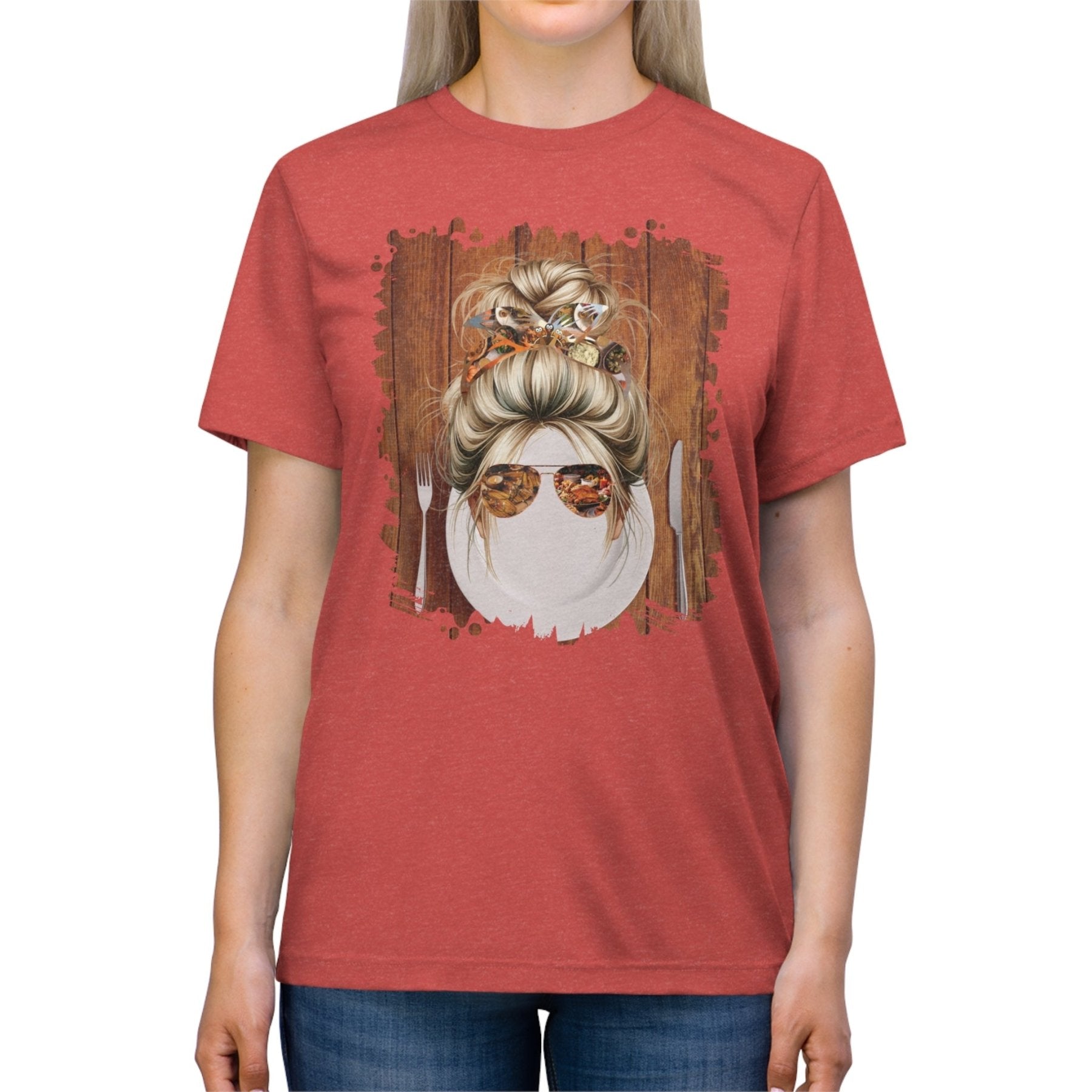 Plate Setting, Blond Hair Messy Bun, Unisex Triblend T - Shirt - Janlyn's Crafts