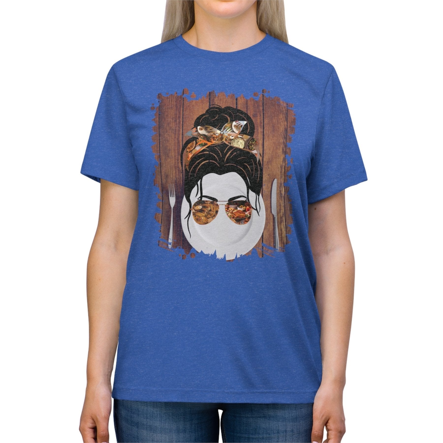 Plate Setting, Dark Hair Messy Bun, Unisex Triblend T - Shirt - Janlyn's Crafts