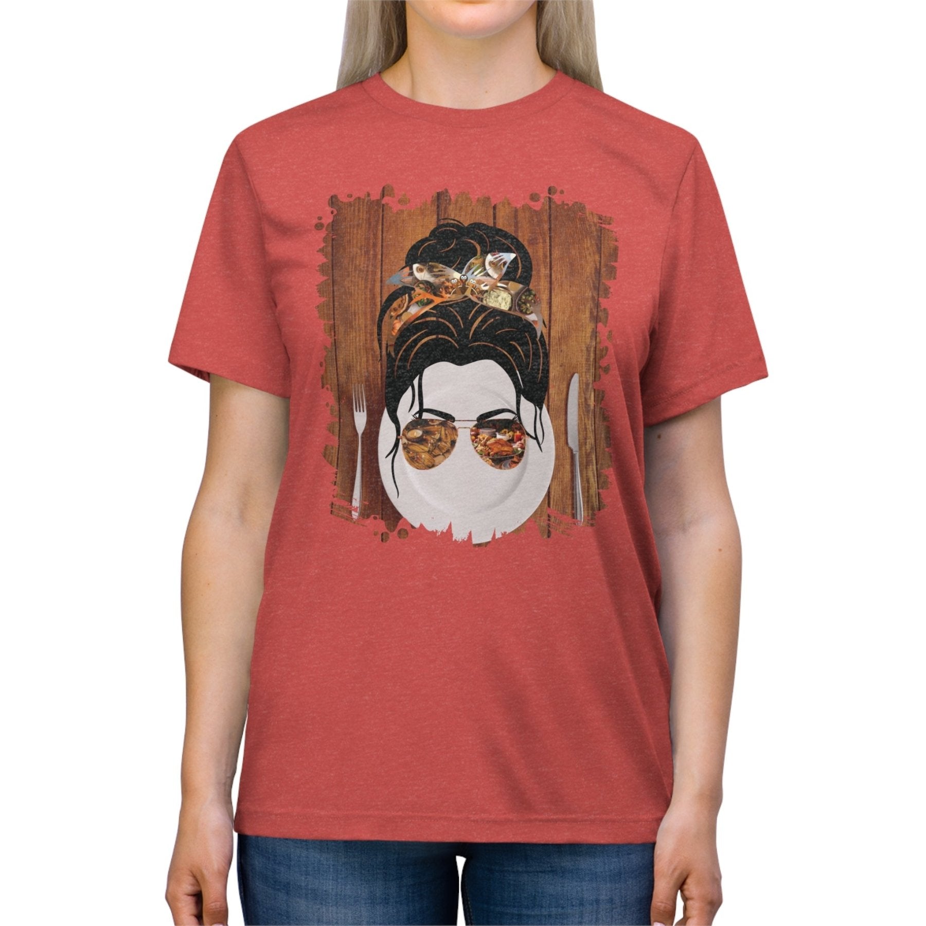 Plate Setting, Dark Hair Messy Bun, Unisex Triblend T - Shirt - Janlyn's Crafts