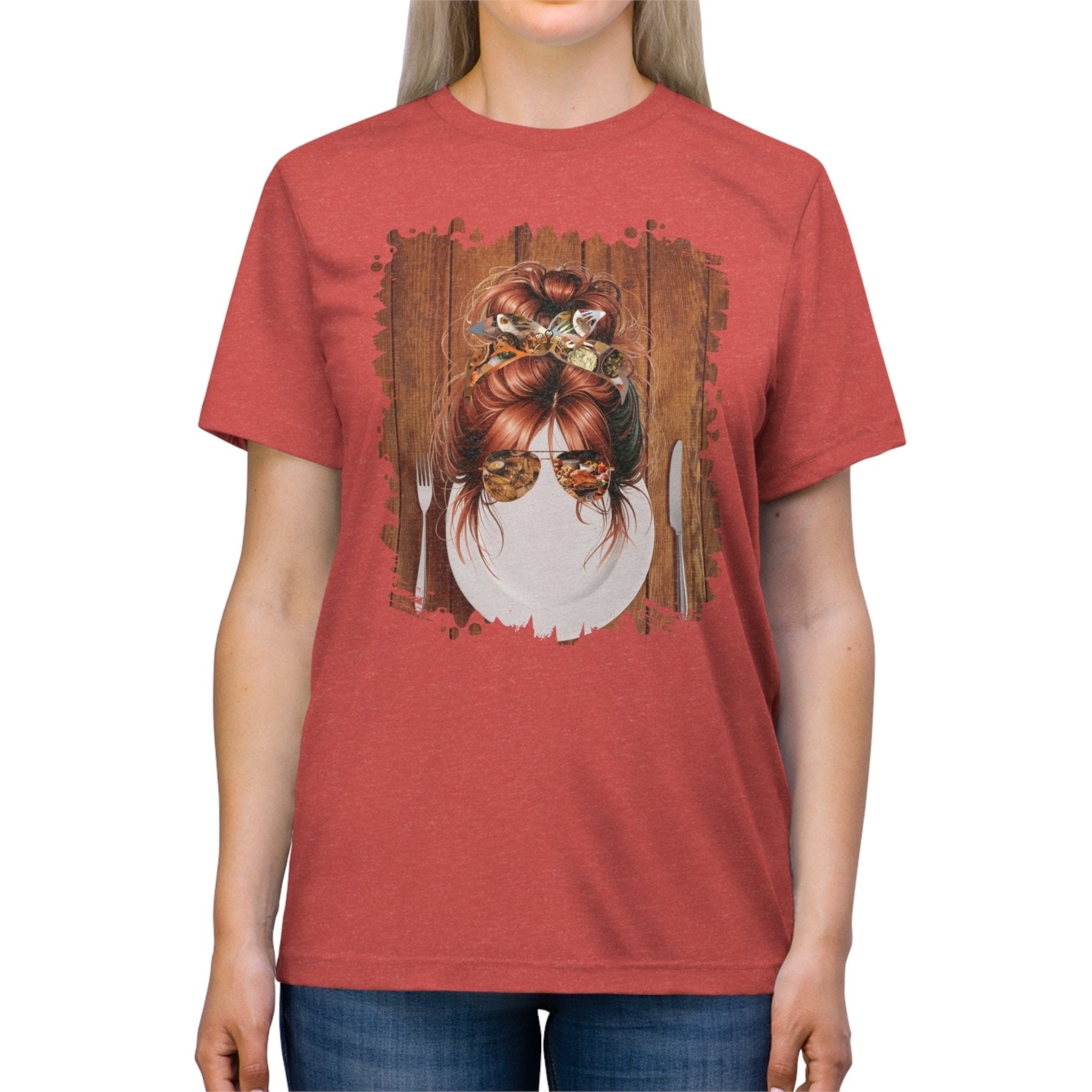 Plate Setting, Red Hair Messy Bun, Unisex Triblend T - Shirt - Janlyn's Crafts