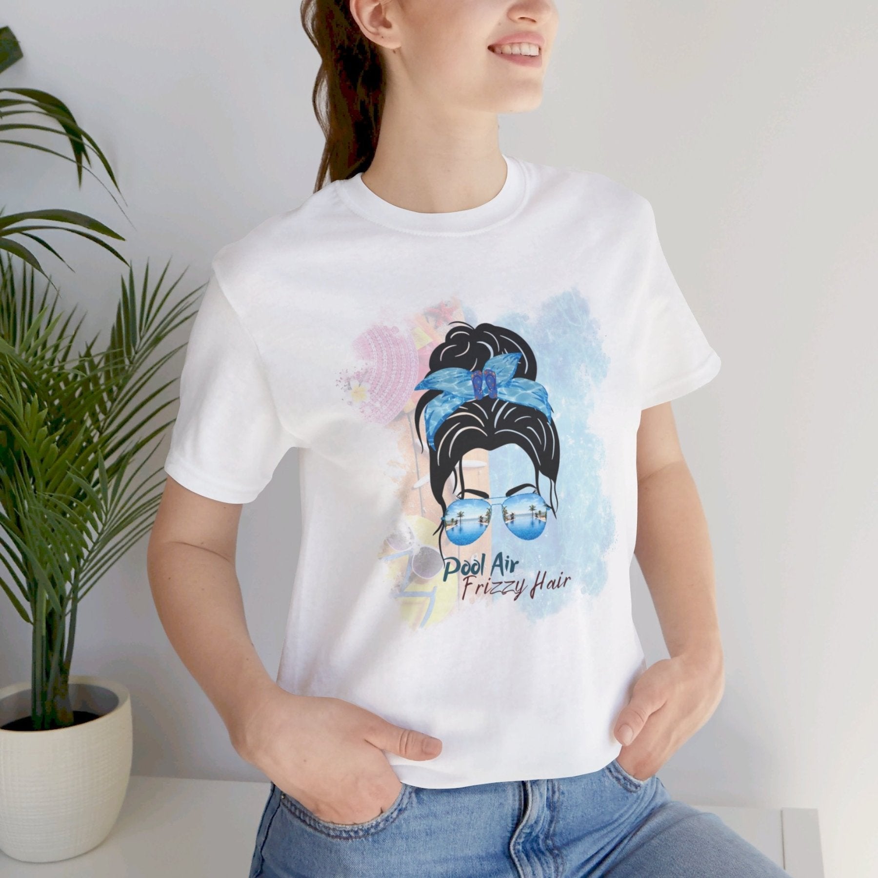 Pool Air Frizzy Hair, Black Hair Messy Bun, Pool Scene, Unisex Jersey Short Sleeve Tee - Janlyn's Crafts