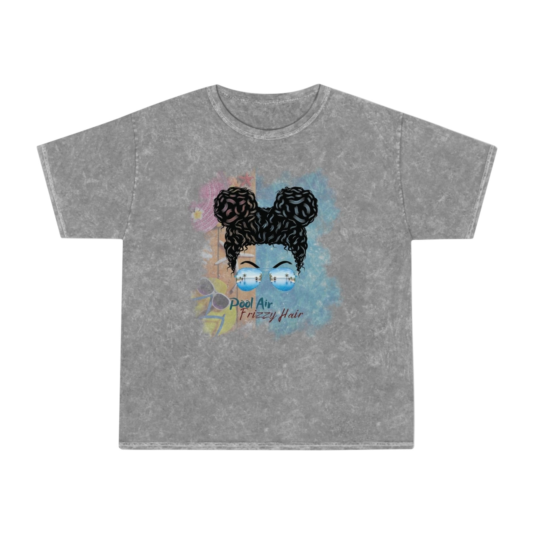 Pool Air Frizzy Hair, Black Hair Messy Bun, Pool Scene, Unisex Mineral Wash T - Shirt - Janlyn's Crafts