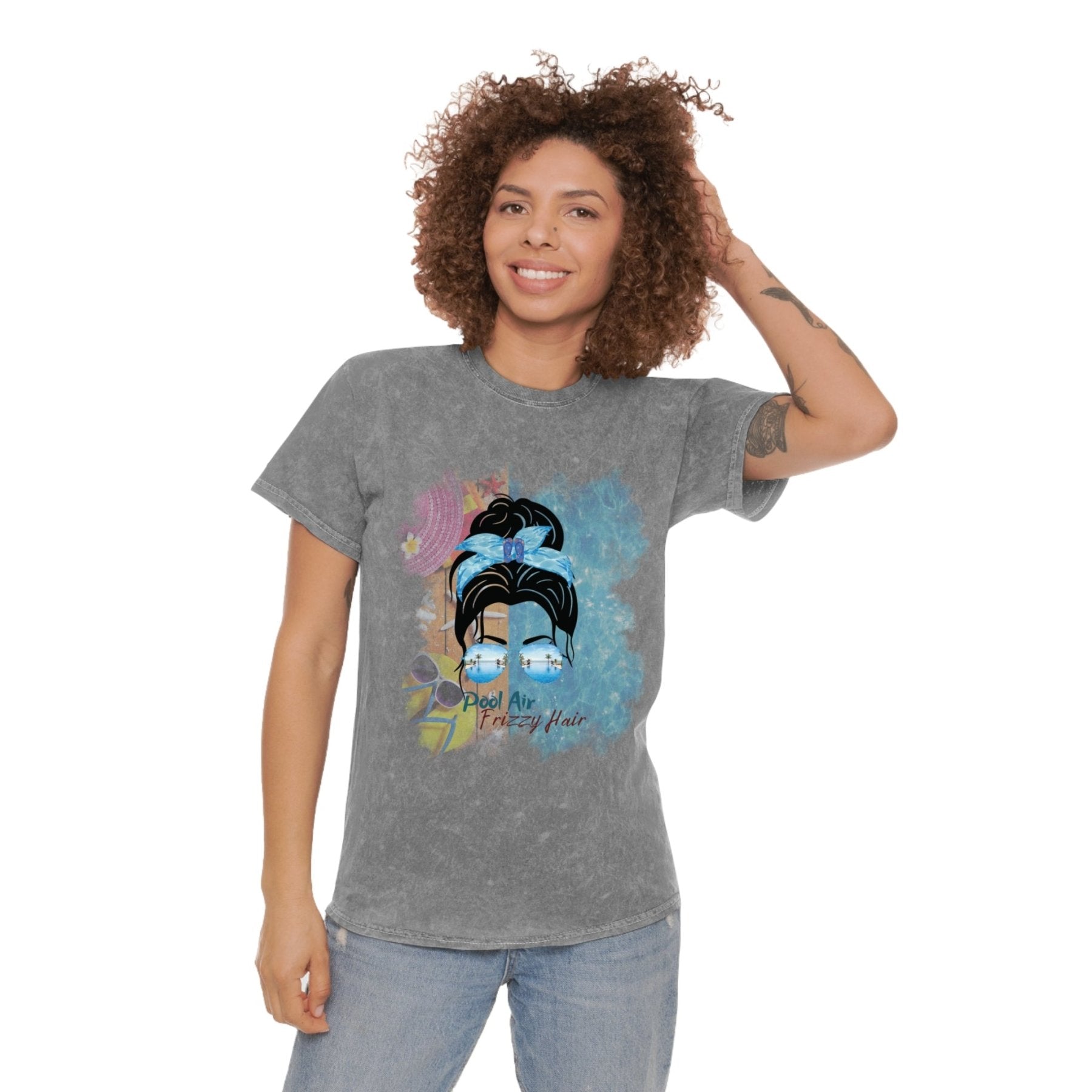 Pool Air Frizzy Hair, Black Hair Messy Bun, Pool Scene, Unisex Mineral Wash T - Shirt - Janlyn's Crafts