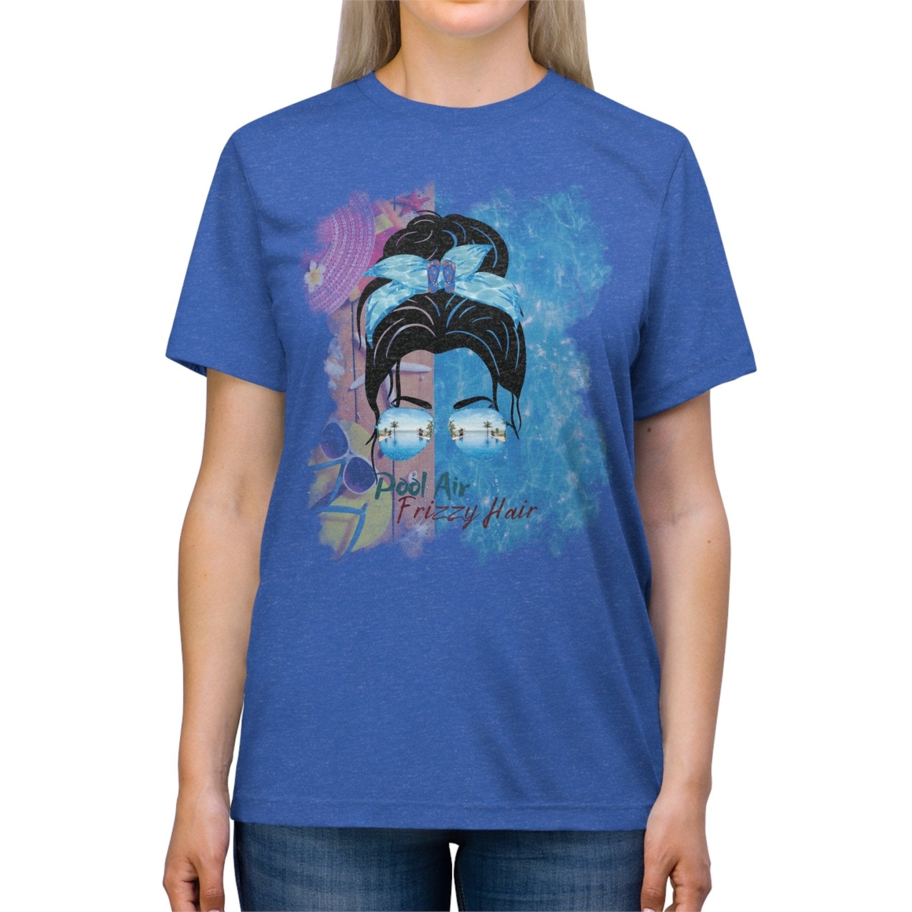 Pool Air Frizzy Hair, Black Hair Messy Bun, Pool Scene, Unisex Triblend T - Shirt - Janlyn's Crafts