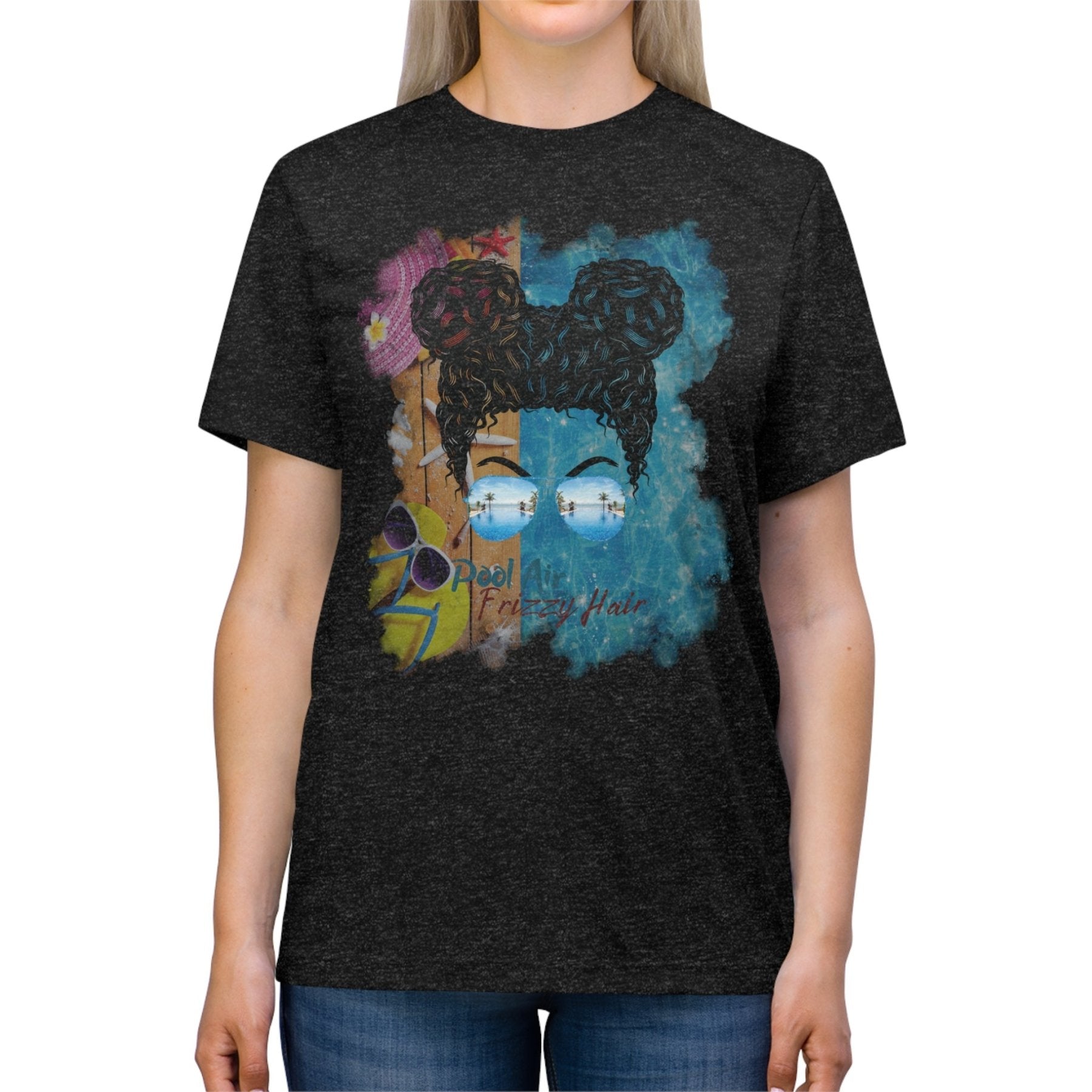 Pool Air Frizzy Hair, Black Hair Messy Bun, Pool Scene, Unisex Triblend T - Shirt - Janlyn's Crafts