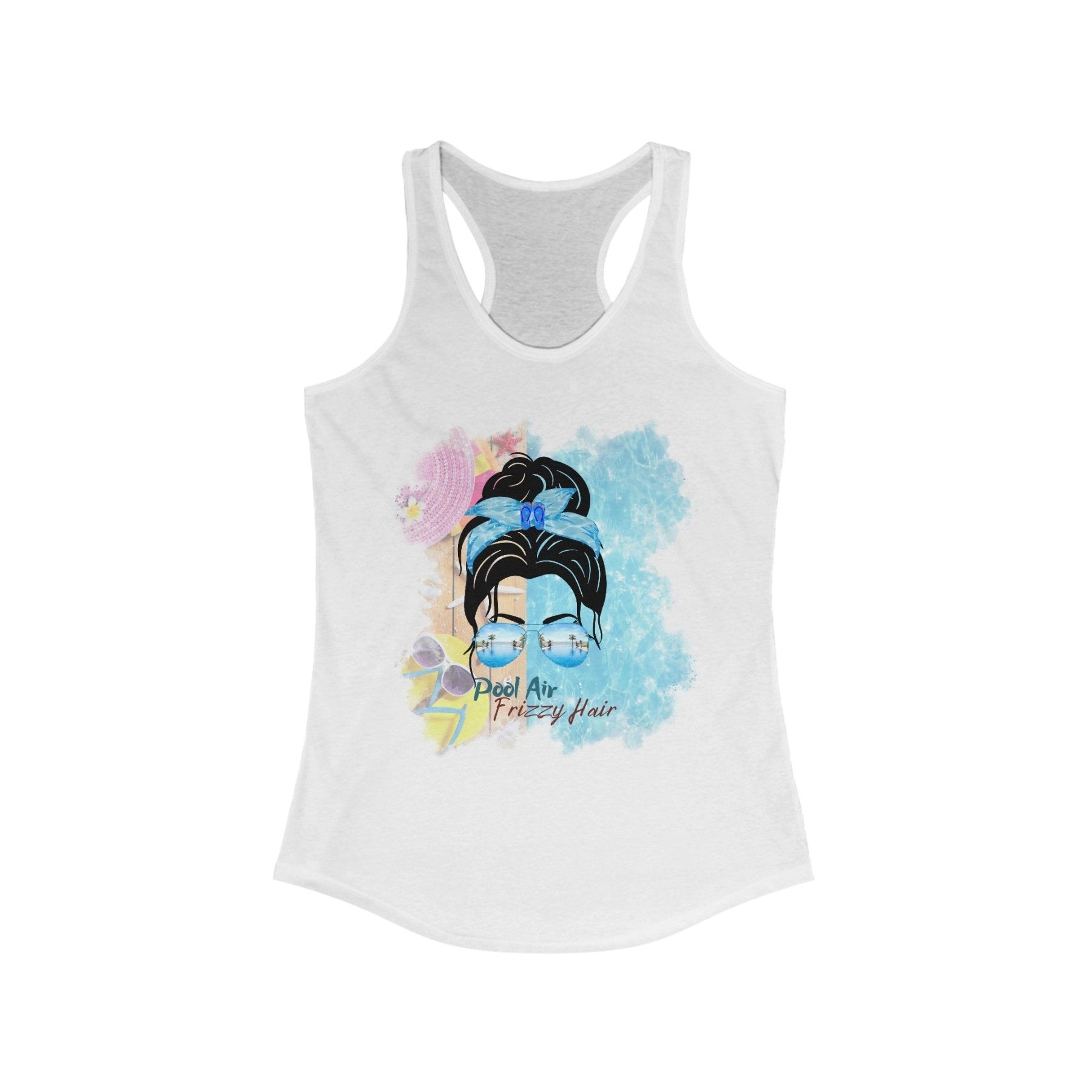 Pool Air Frizzy Hair, Black Hair Messy Bun, Pool Scene, Women's Ideal Racerback Tank - Janlyn's Crafts