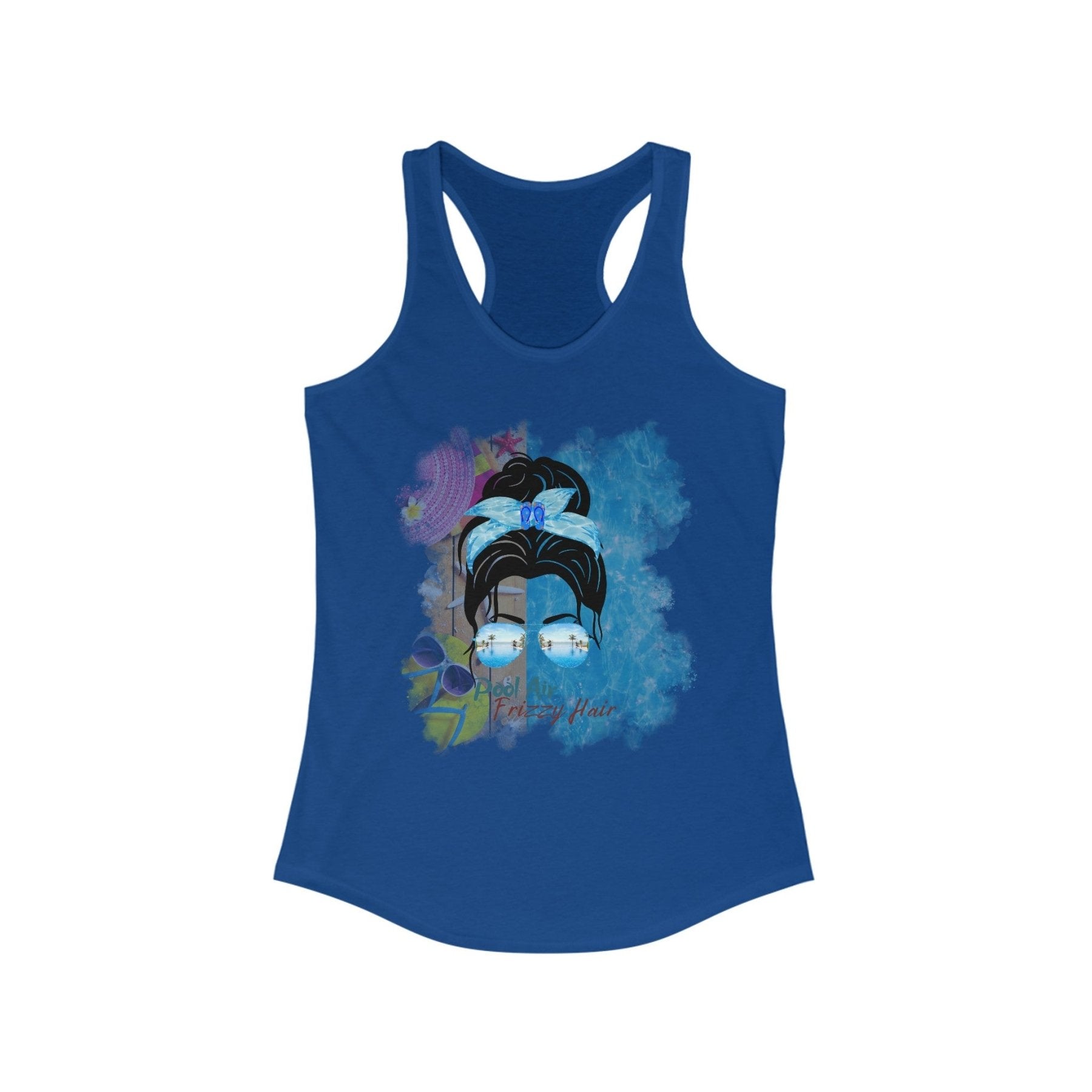 Pool Air Frizzy Hair, Black Hair Messy Bun, Pool Scene, Women's Ideal Racerback Tank - Janlyn's Crafts