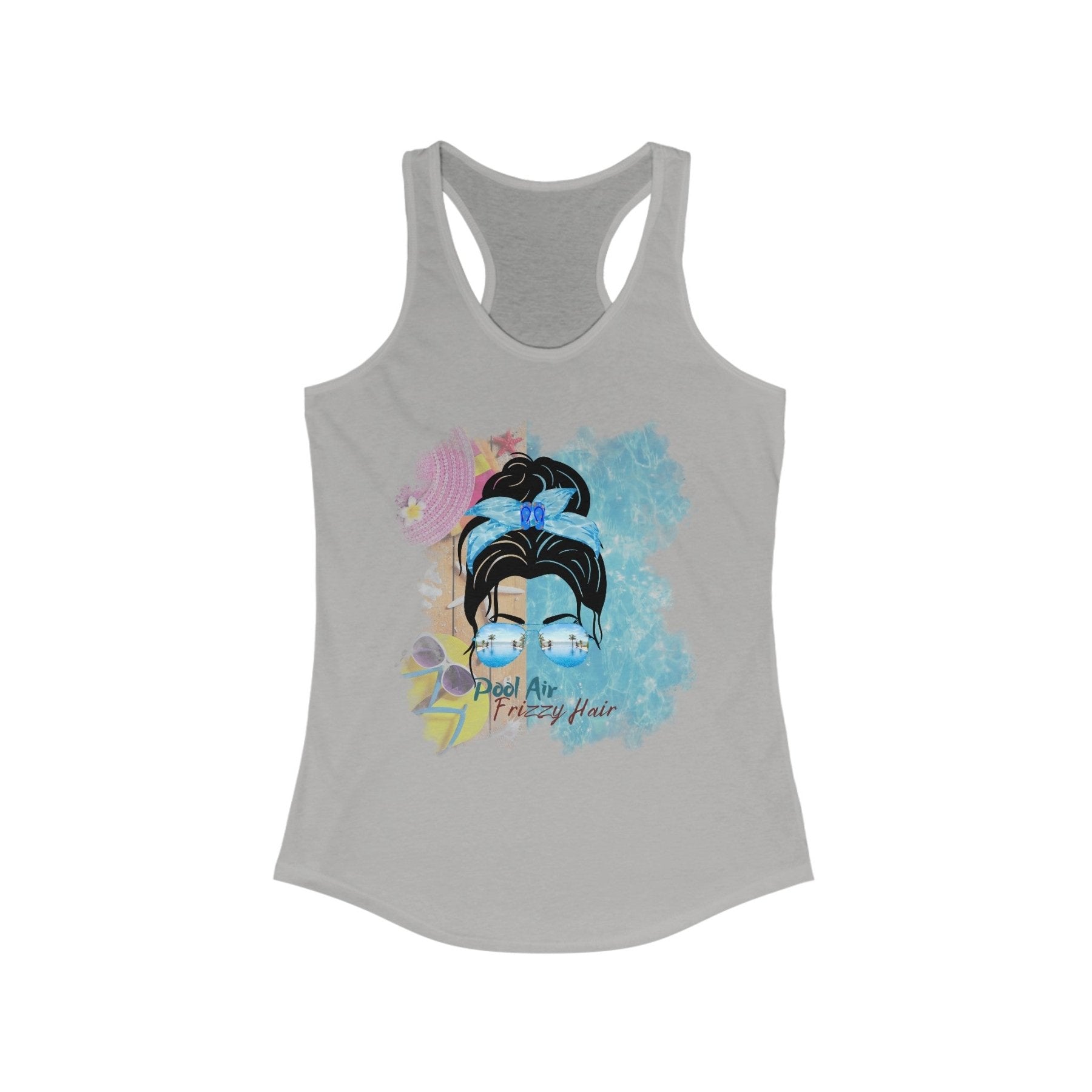 Pool Air Frizzy Hair, Black Hair Messy Bun, Pool Scene, Women's Ideal Racerback Tank - Janlyn's Crafts