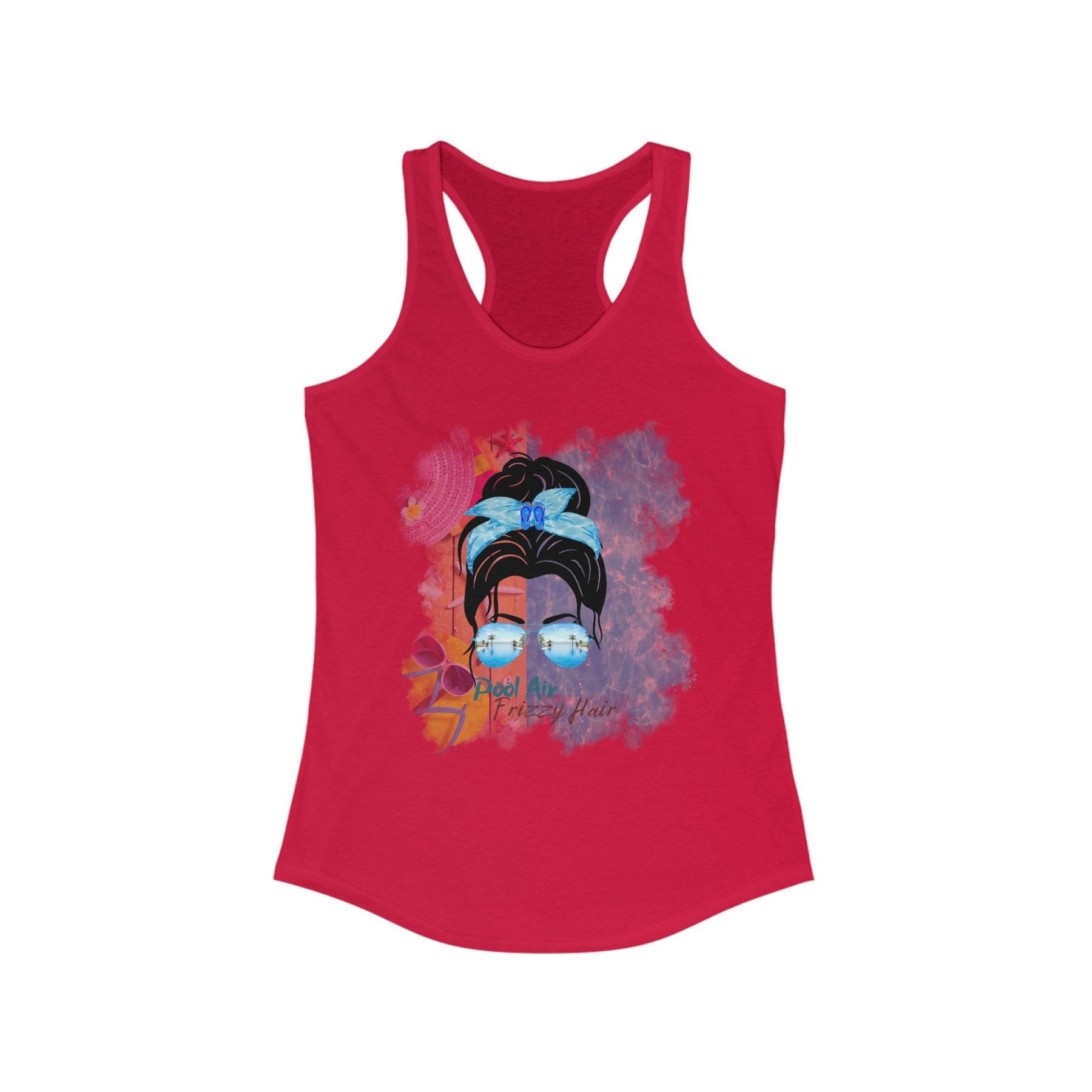 Pool Air Frizzy Hair, Black Hair Messy Bun, Pool Scene, Women's Ideal Racerback Tank - Janlyn's Crafts