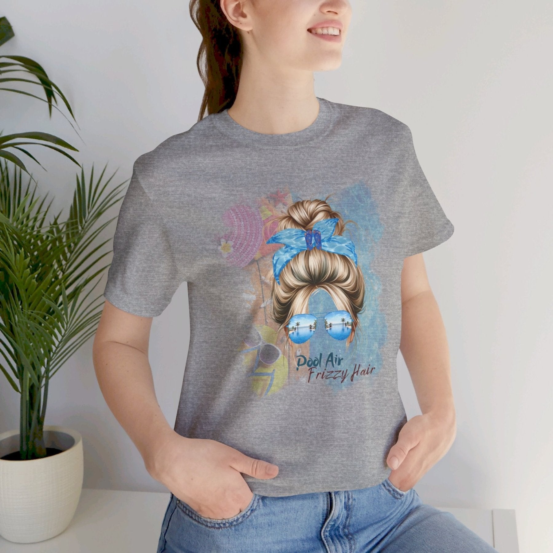 Pool Air Frizzy Hair, Blond Hair Messy Bun, Pool Scene, Unisex Jersey Short Sleeve Tee - Janlyn's Crafts