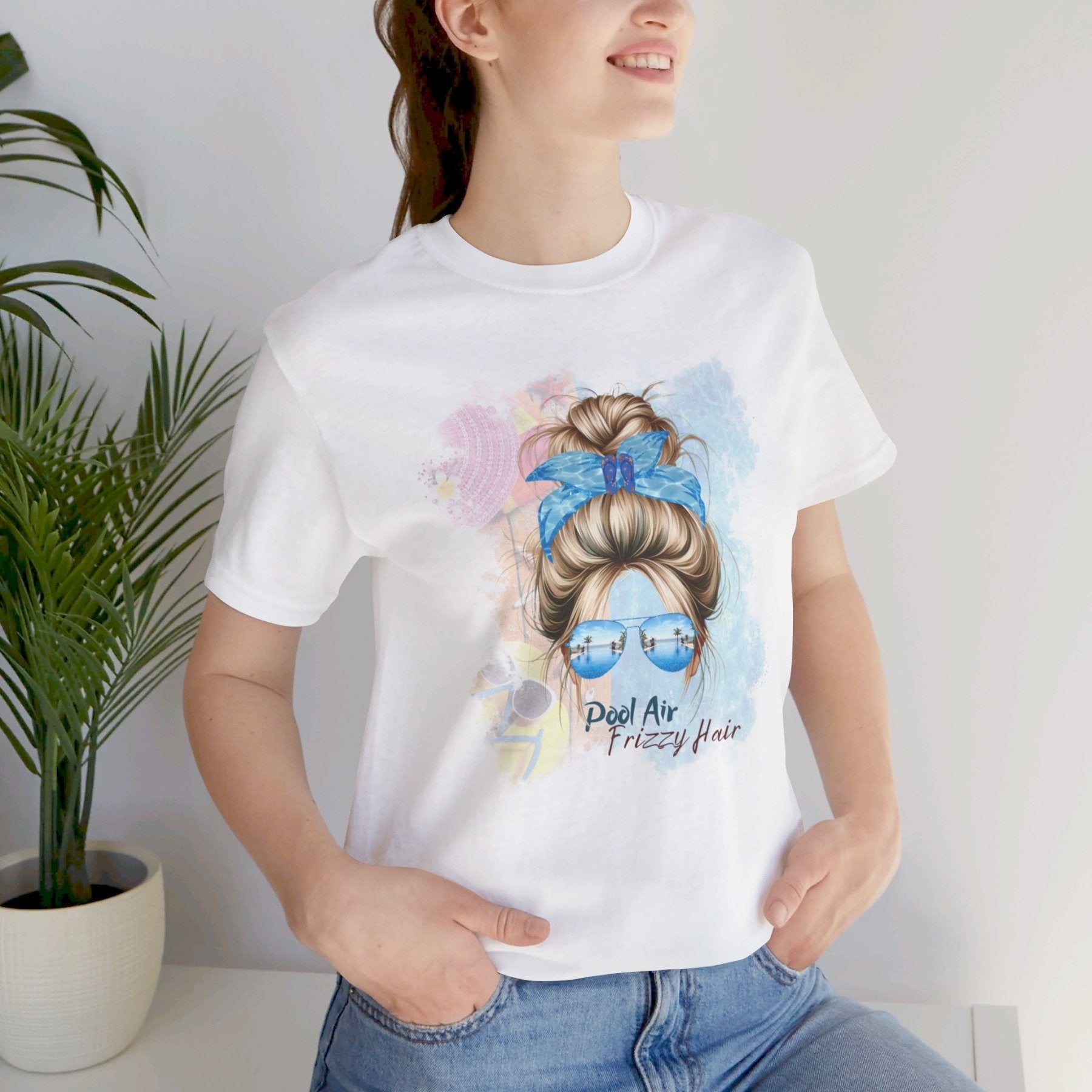 Pool Air Frizzy Hair, Blond Hair Messy Bun, Pool Scene, Unisex Jersey Short Sleeve Tee - Janlyn's Crafts