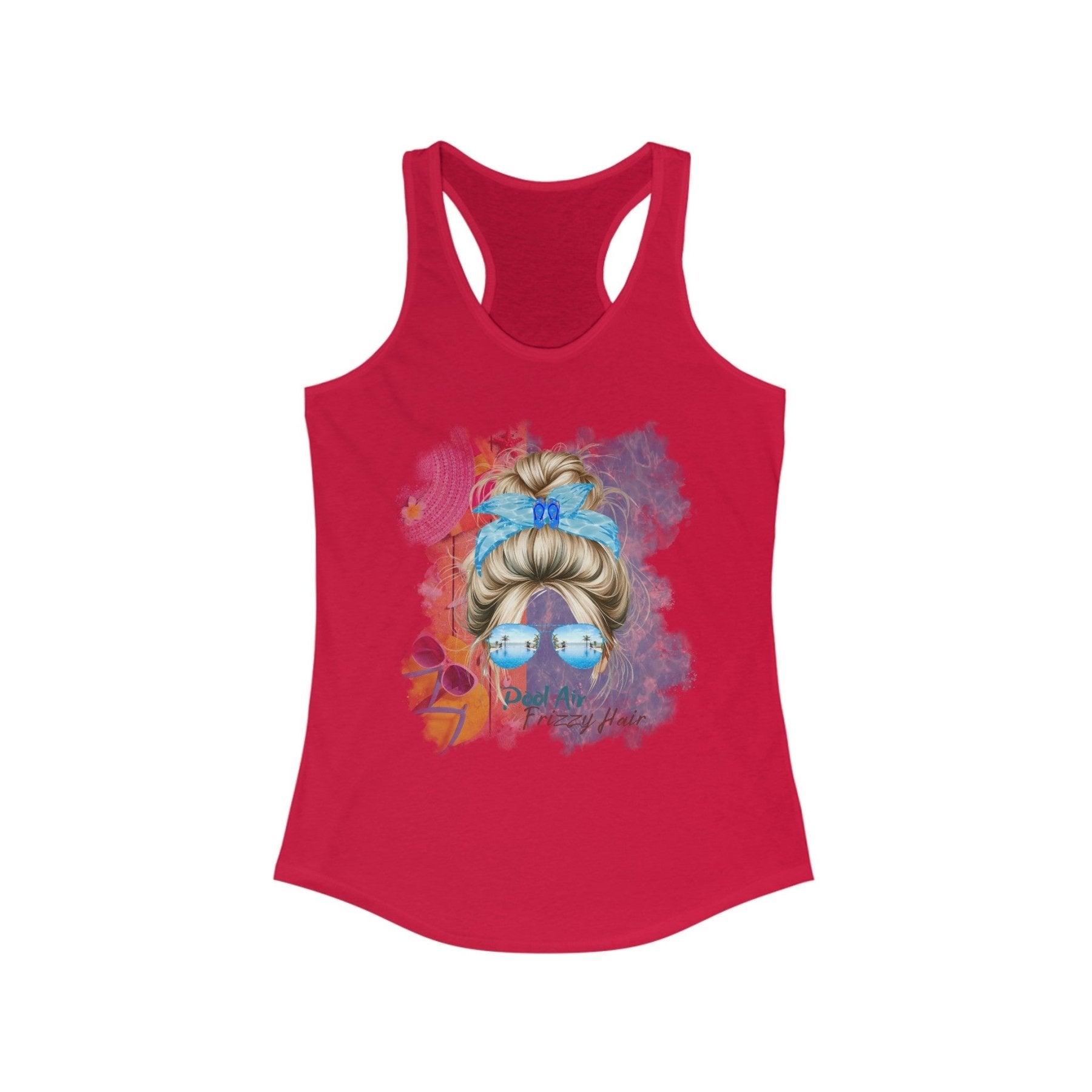 Pool Air Frizzy Hair, Blond Hair Messy Bun, Pool Scene, Women's Ideal Racerback Tank - Janlyn's Crafts