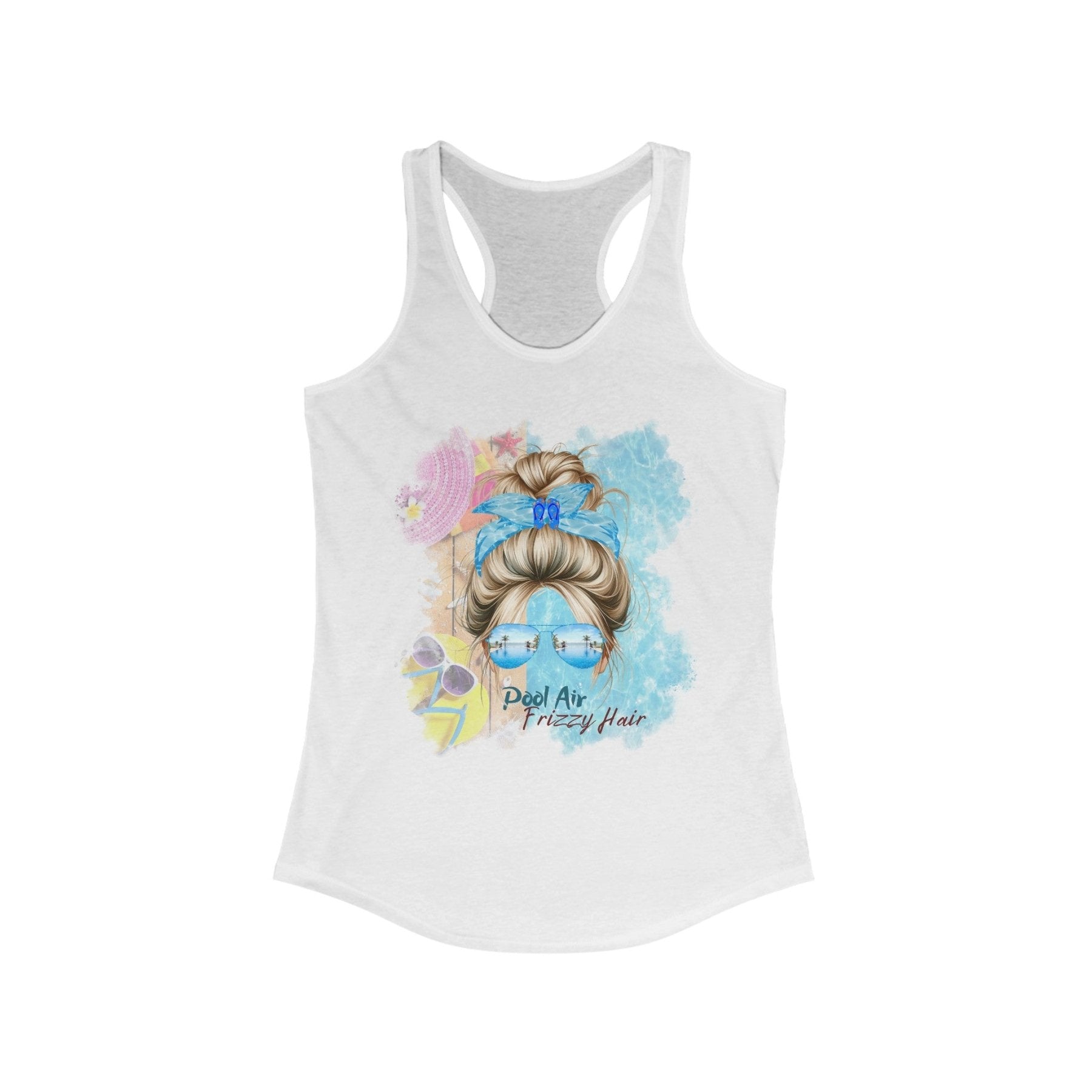 Pool Air Frizzy Hair, Blond Hair Messy Bun, Pool Scene, Women's Ideal Racerback Tank - Janlyn's Crafts