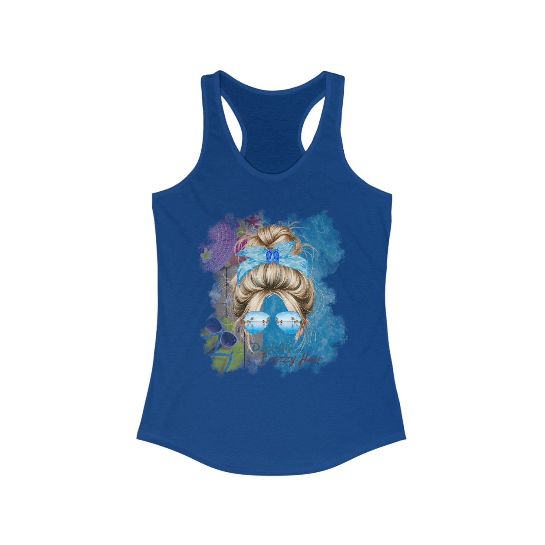 Pool Air Frizzy Hair, Blond Hair Messy Bun, Pool Scene, Women's Ideal Racerback Tank - Janlyn's Crafts