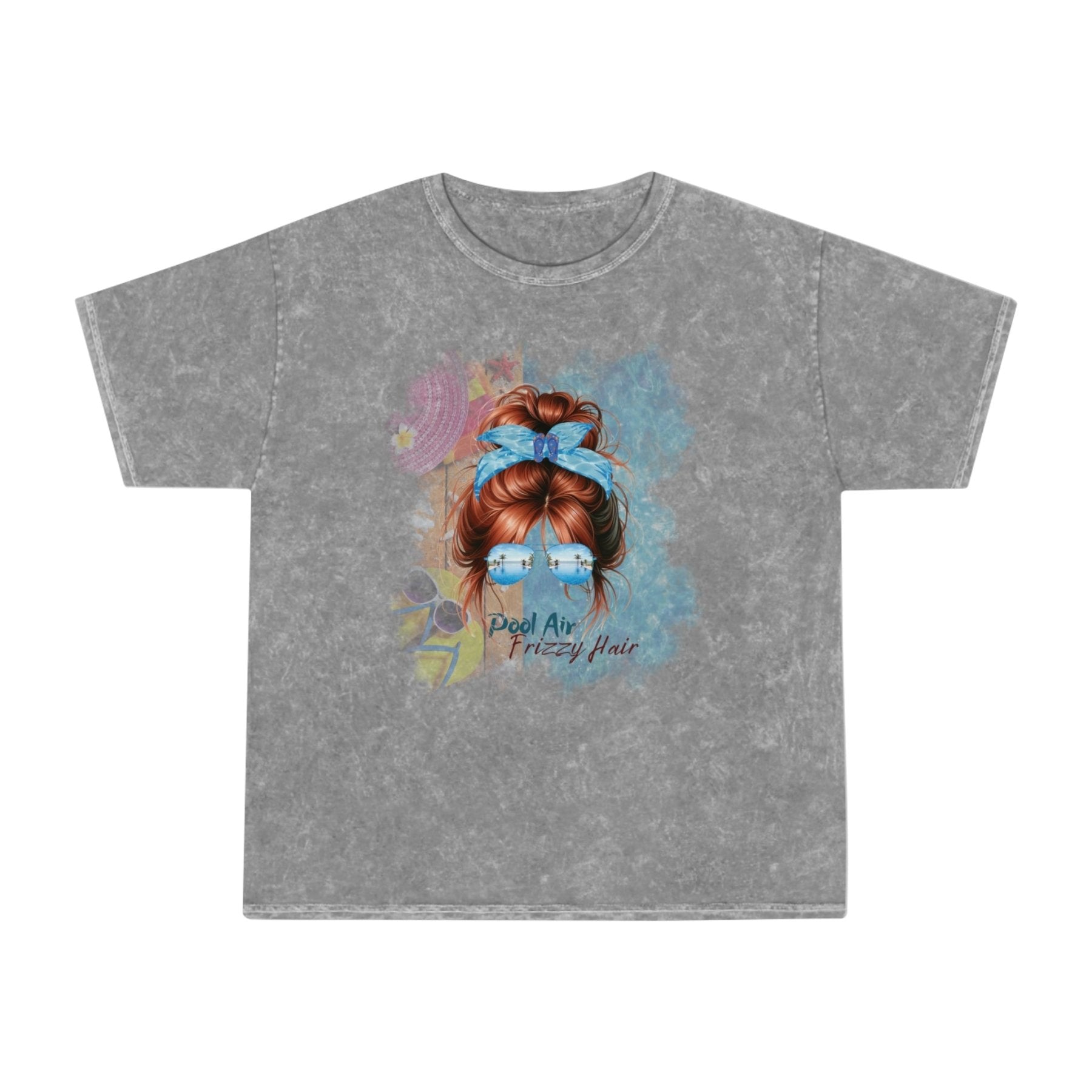 Pool Air Frizzy Hair, Red Hair Messy Bun, Pool Scene, Unisex Mineral Wash T - Shirt - Janlyn's Crafts