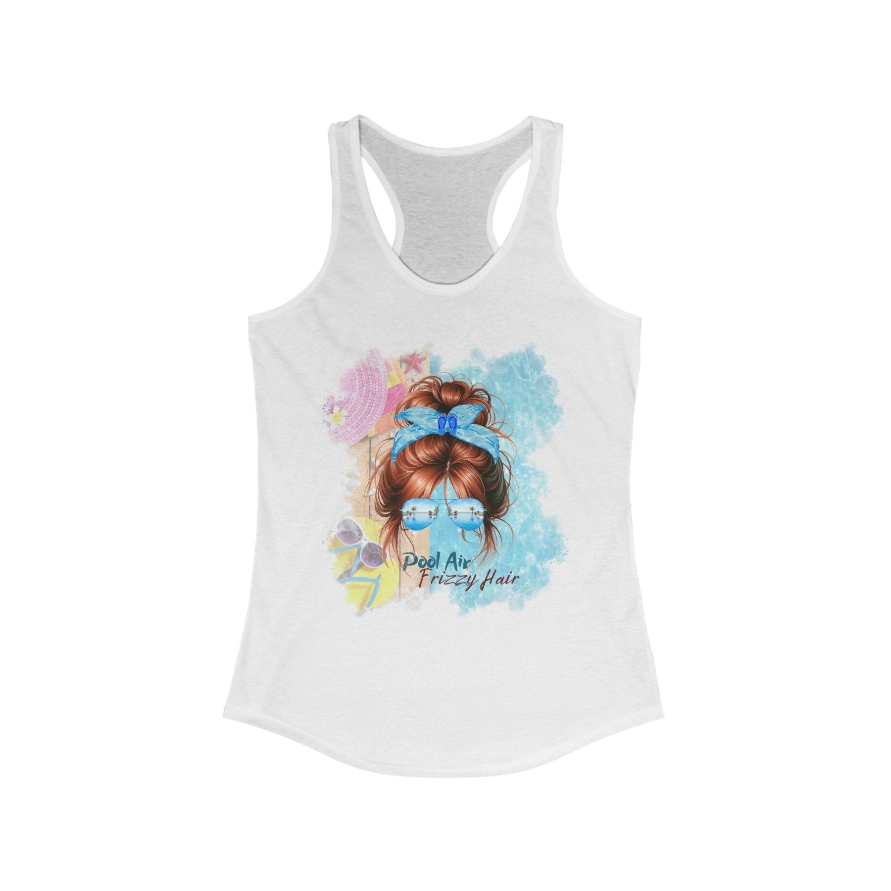 Pool Air Frizzy Hair, Red Hair Messy Bun, Pool Scene, Women's Ideal Racerback Tank - Janlyn's Crafts