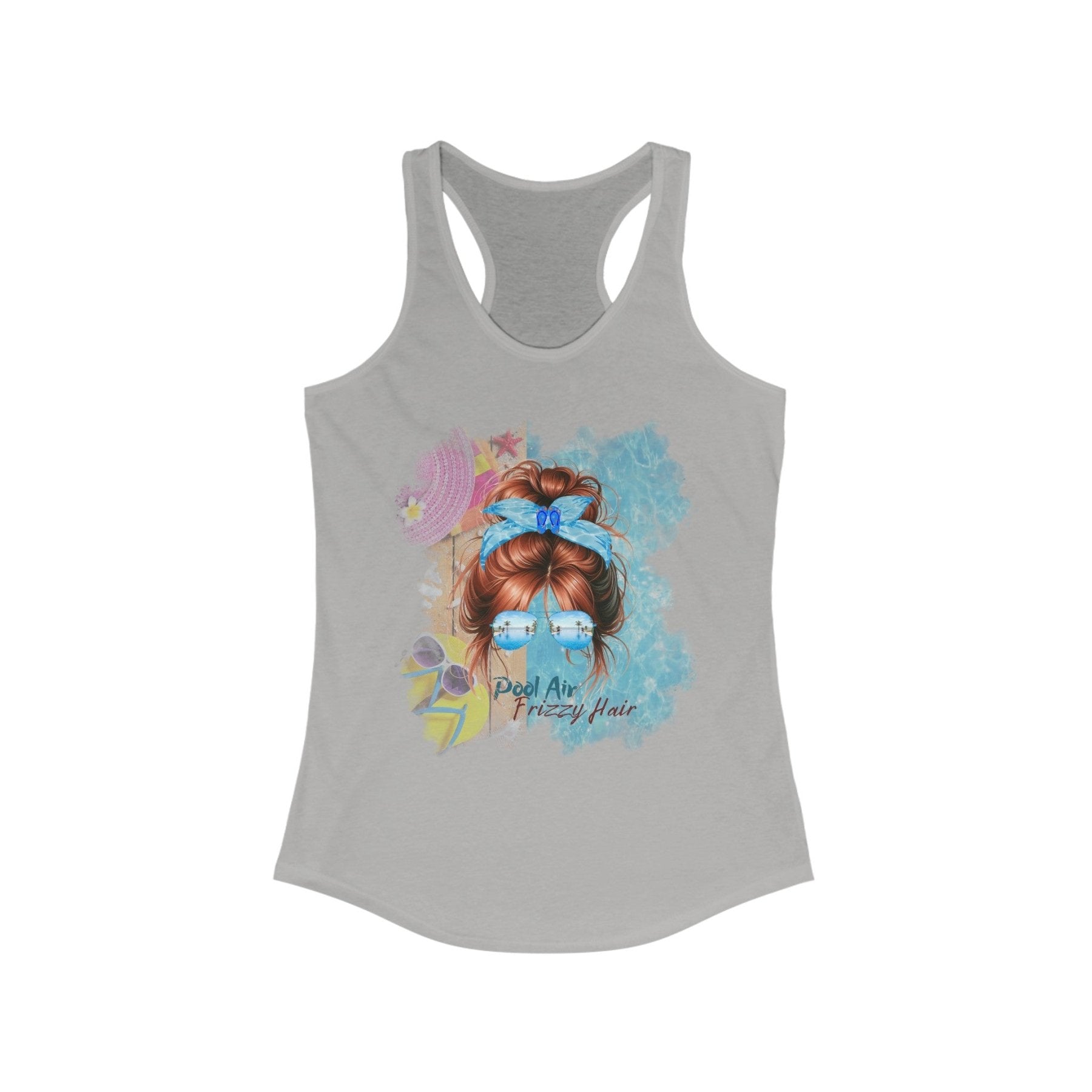 Pool Air Frizzy Hair, Red Hair Messy Bun, Pool Scene, Women's Ideal Racerback Tank - Janlyn's Crafts