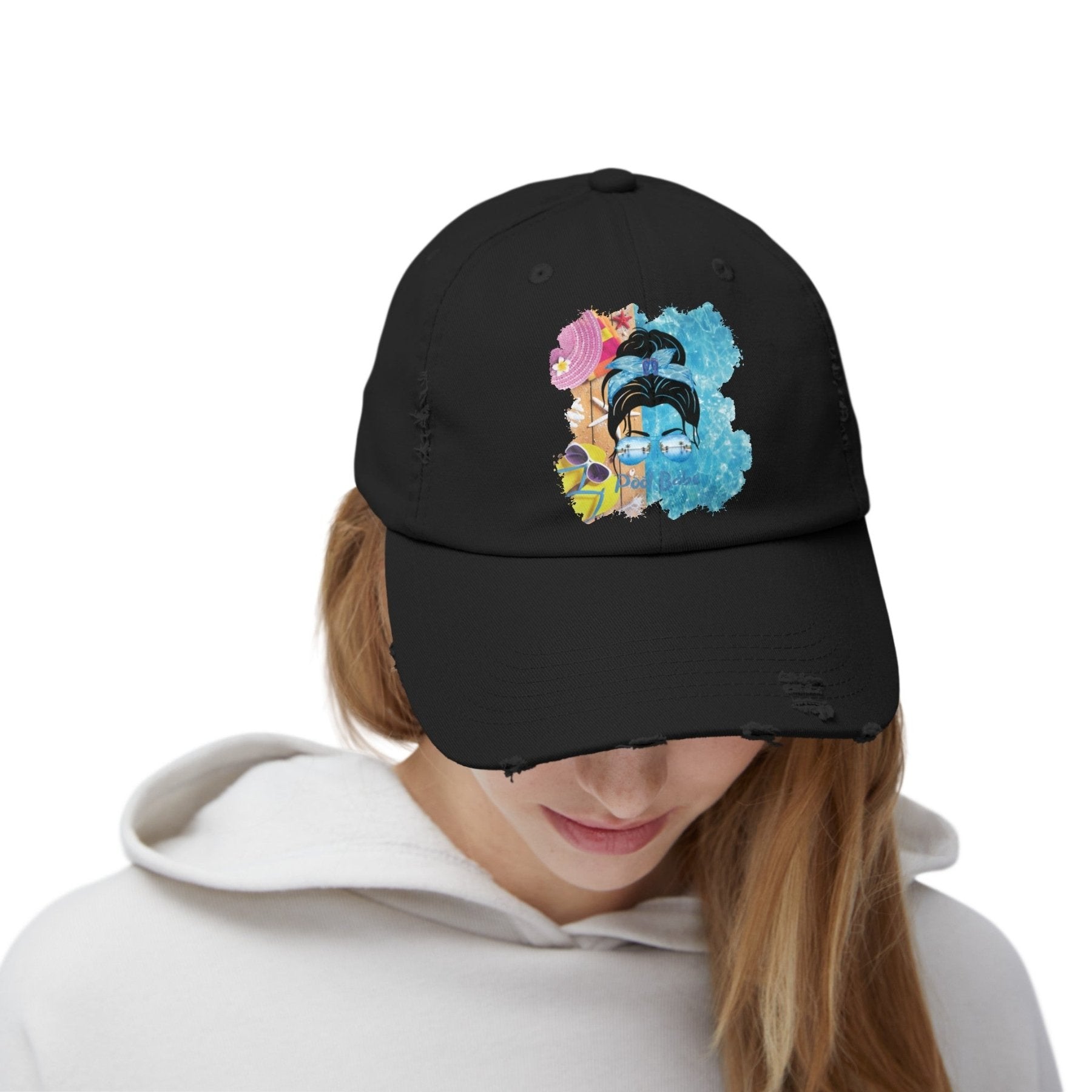 Pool Babe, Black Hair Messy Bun, Pool Scene, Unisex Distressed Cap - Janlyn's Crafts