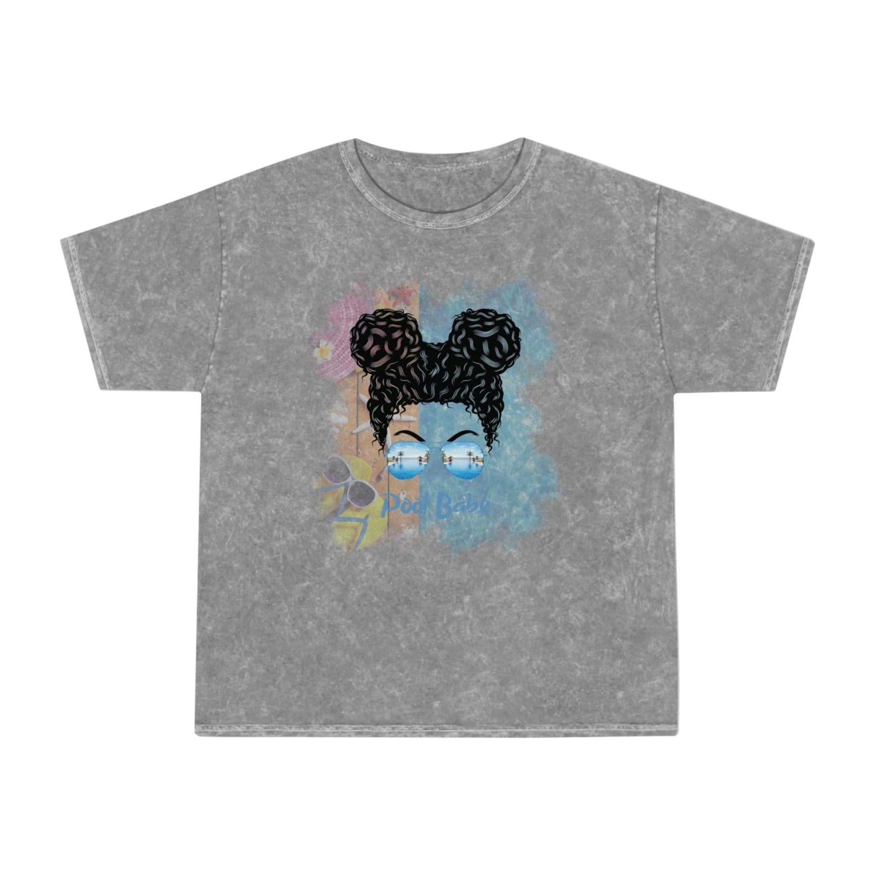 Pool Babe, Black Hair Messy Bun, Pool Scene, Unisex Mineral Wash T - Shirt - Janlyn's Crafts