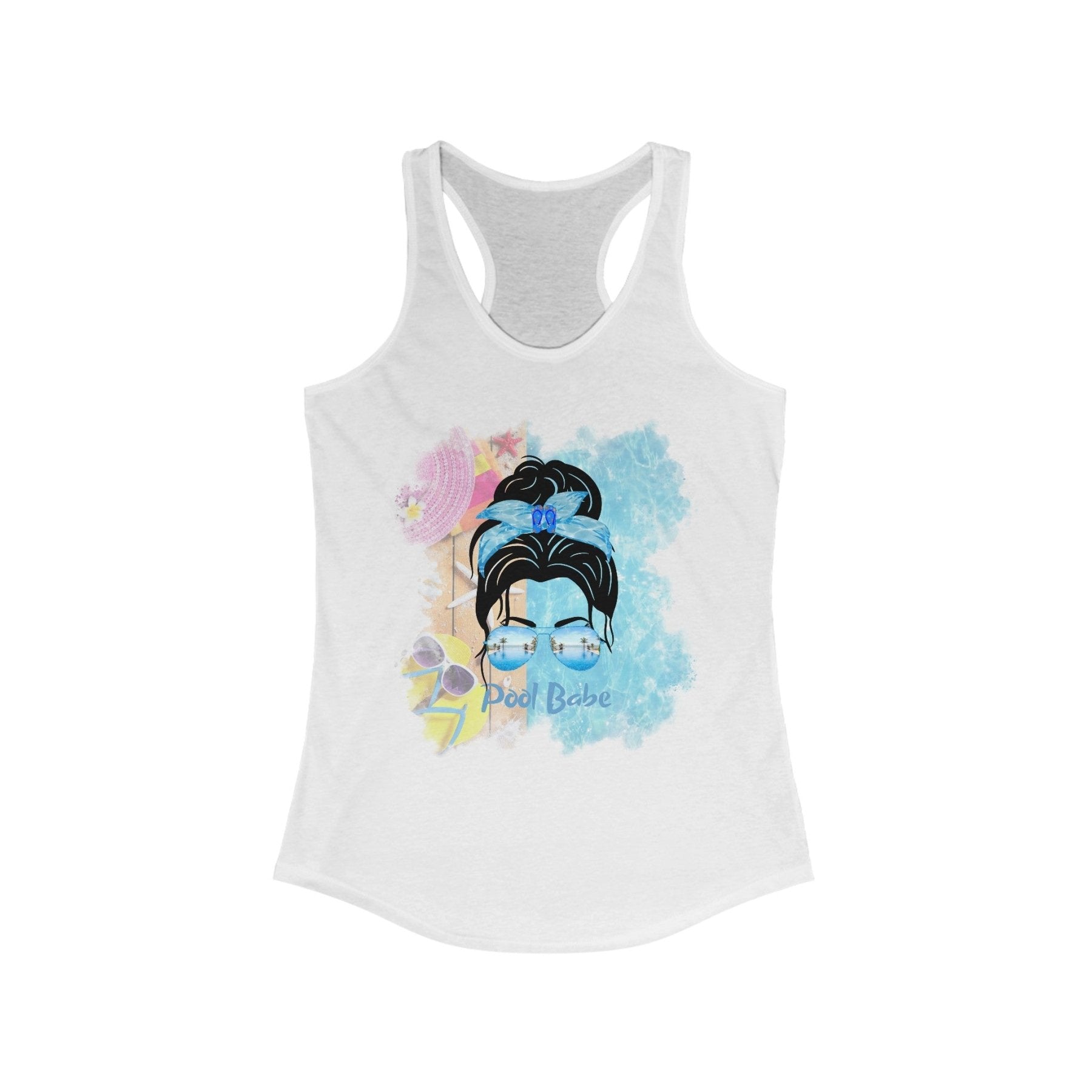 Pool Babe, Black Hair Messy Bun, Pool Scene, Women's Ideal Racerback Tank - Janlyn's Crafts