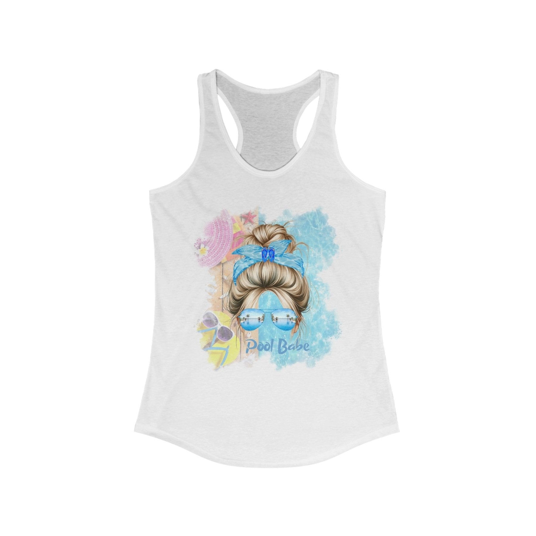 Pool Babe, Blond Hair Messy Bun, Pool Scene, Women's Ideal Racerback Tank - Janlyn's Crafts