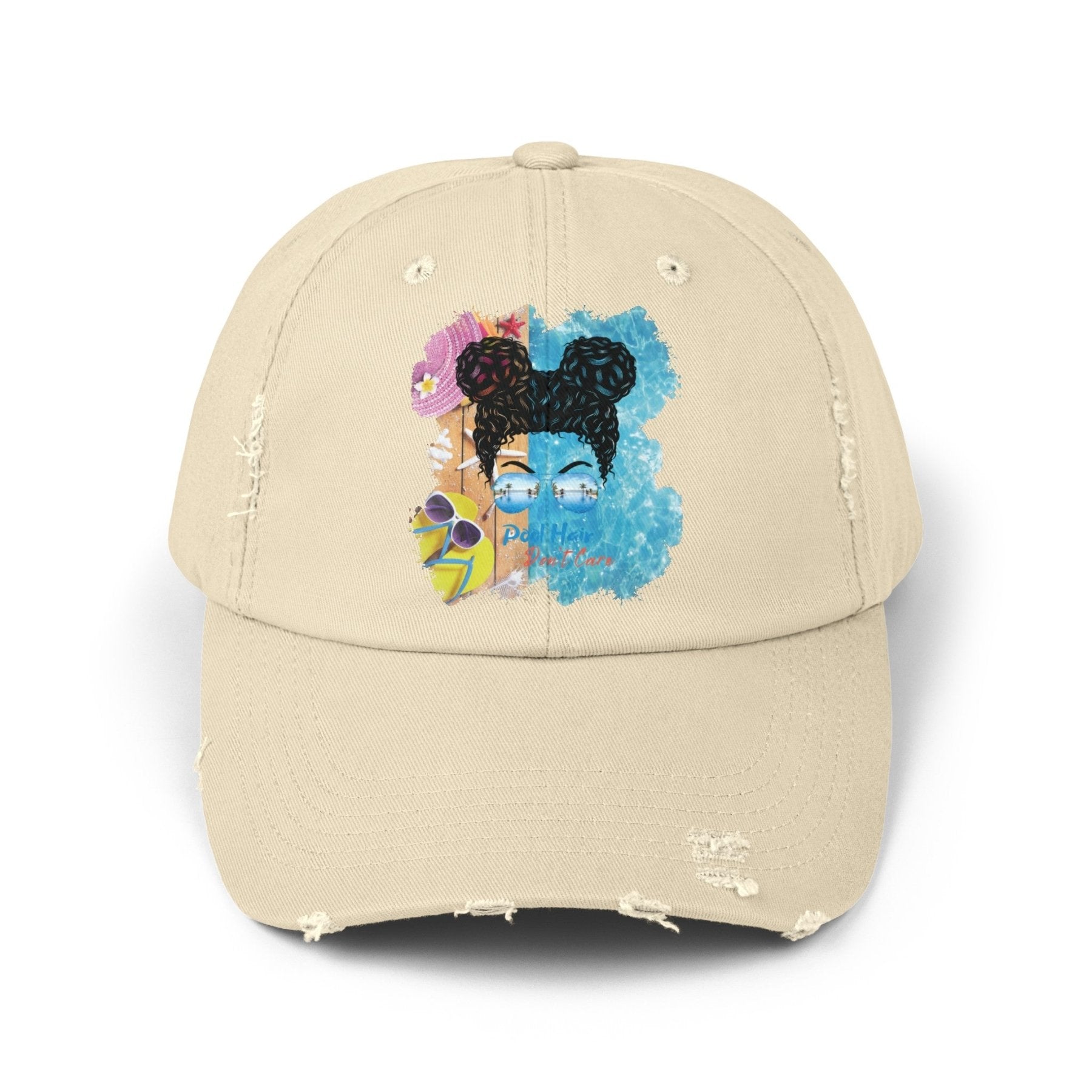 Pool Hair Don't Care, Black Hair Messy Bun, Pool Scene, Unisex Distressed Cap - Janlyn's Crafts