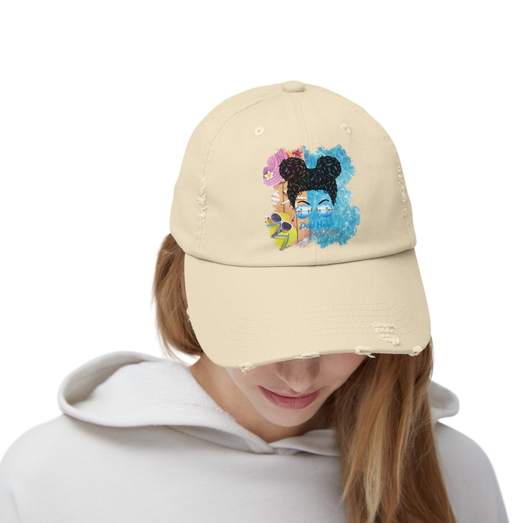 Pool Hair Don't Care, Black Hair Messy Bun, Pool Scene, Unisex Distressed Cap - Janlyn's Crafts