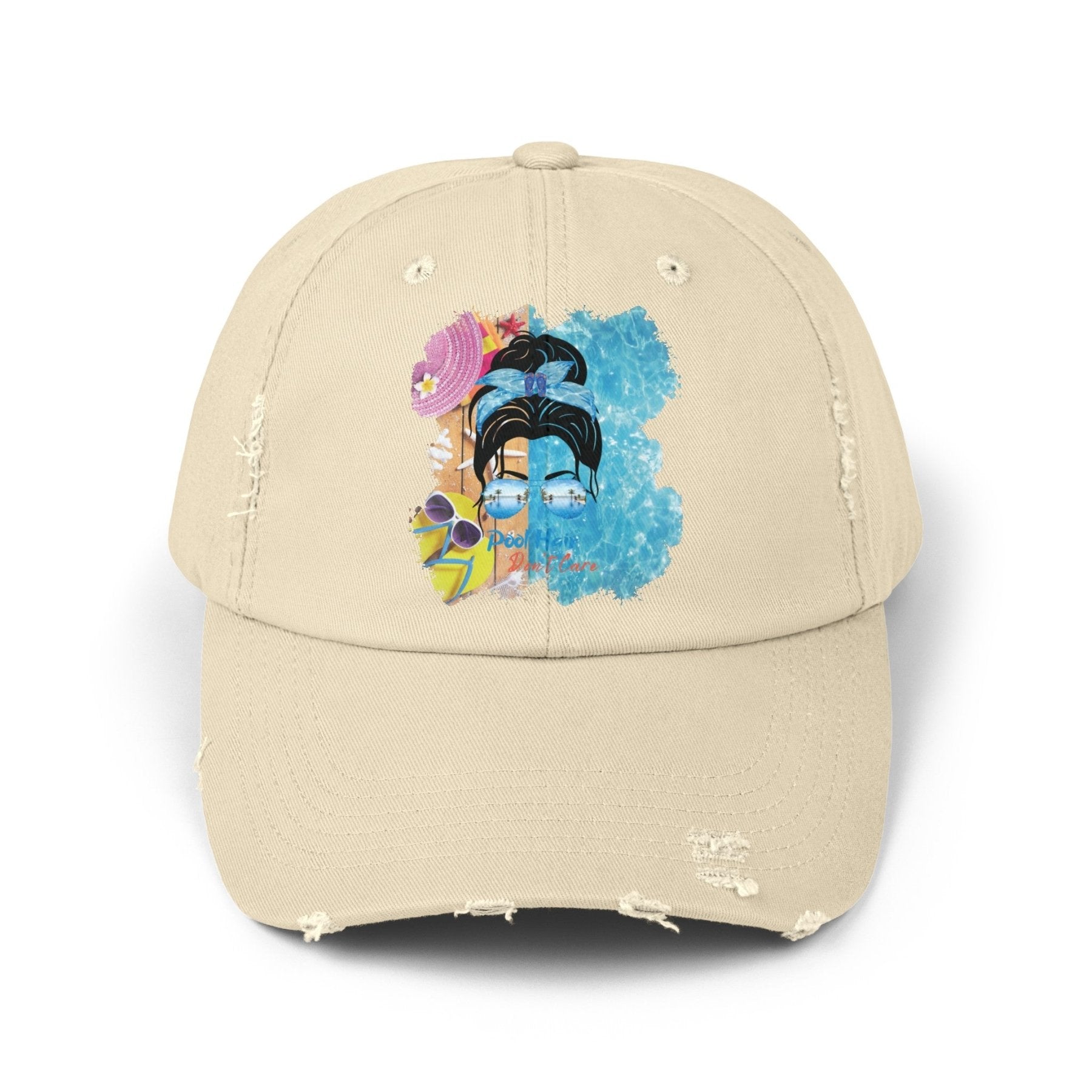 Pool Hair Don't Care, Black Hair Messy Bun, Pool Scene, Unisex Distressed Cap - Janlyn's Crafts