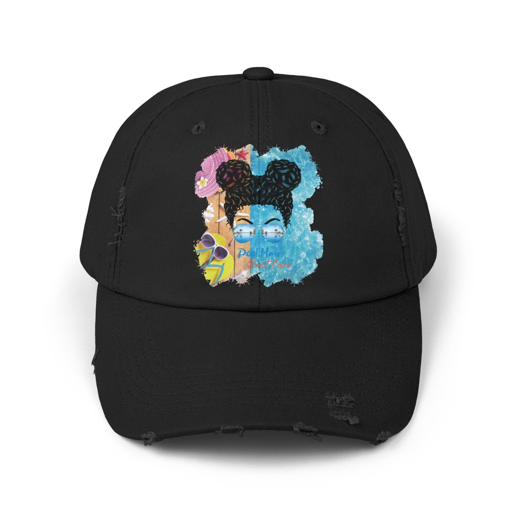 Pool Hair Don't Care, Black Hair Messy Bun, Pool Scene, Unisex Distressed Cap - Janlyn's Crafts