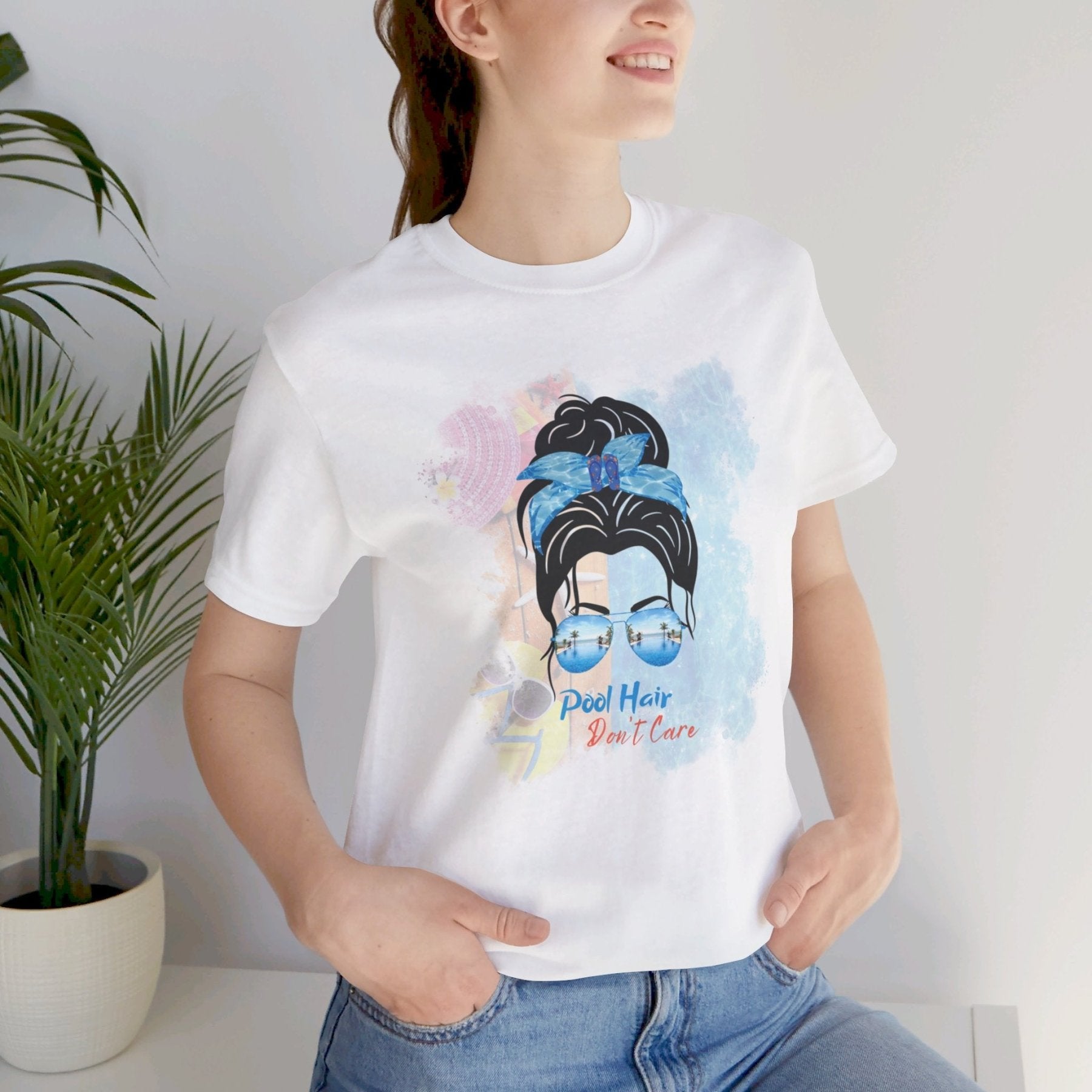 Pool Hair Don't Care, Black Hair Messy Bun, Pool Scene, Unisex Jersey Short Sleeve Tee - Janlyn's Crafts