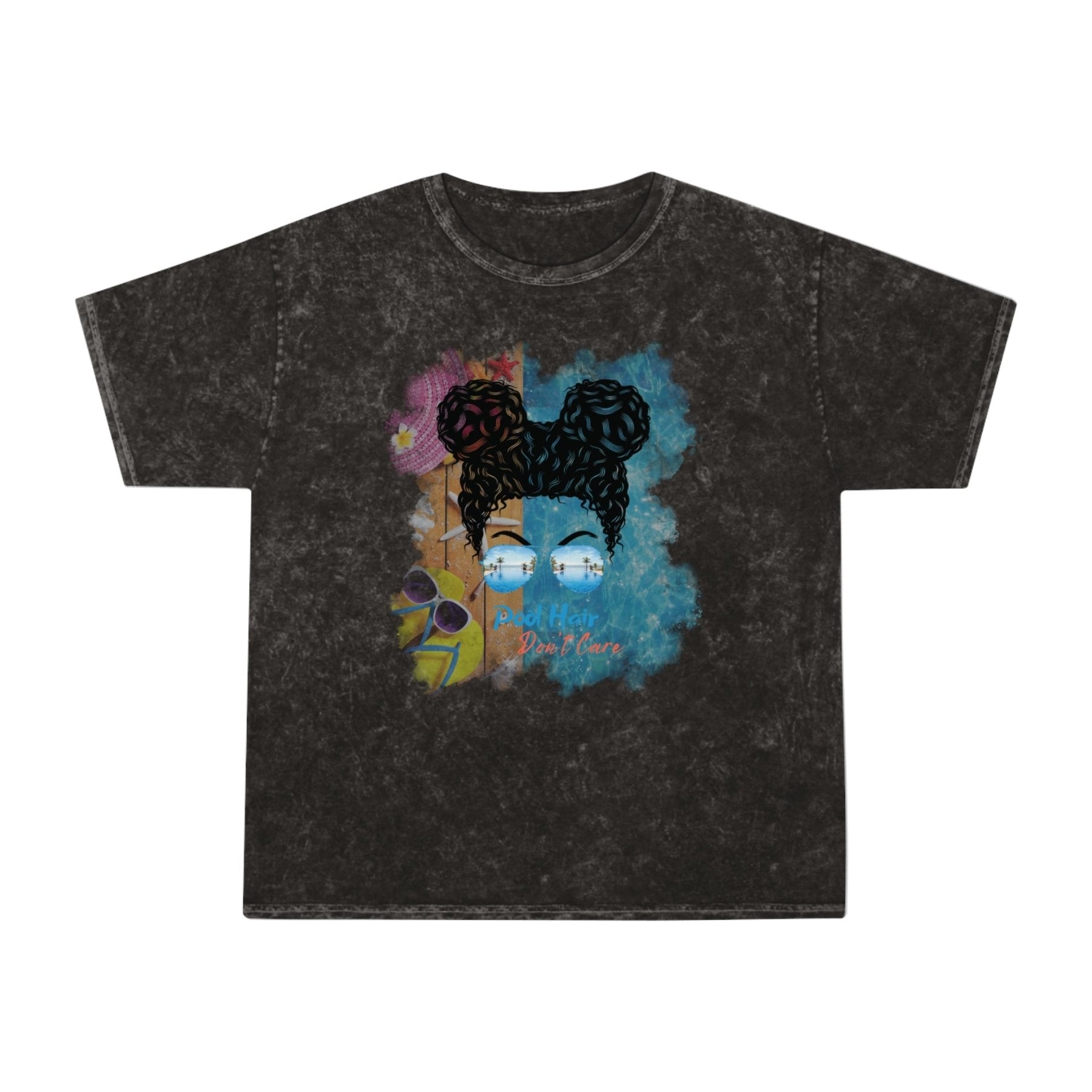 Pool Hair Don't Care, Black Hair Messy Bun, Pool Scene, Unisex Mineral Wash T - Shirt - Janlyn's Crafts