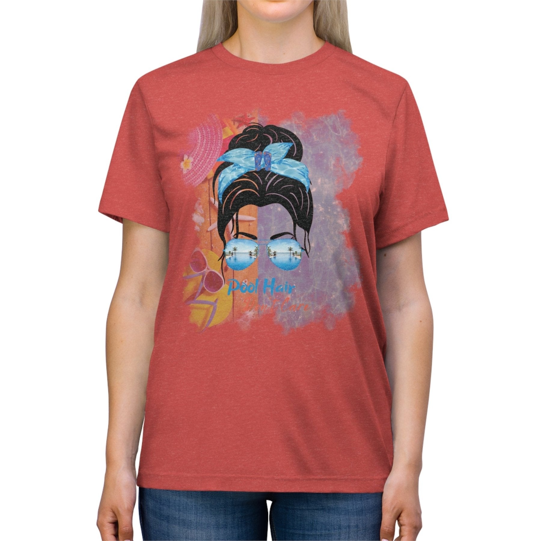 Pool Hair Don't Care, Black Hair Messy Bun, Pool Scene, Unisex Triblend T - Shirt - Janlyn's Crafts